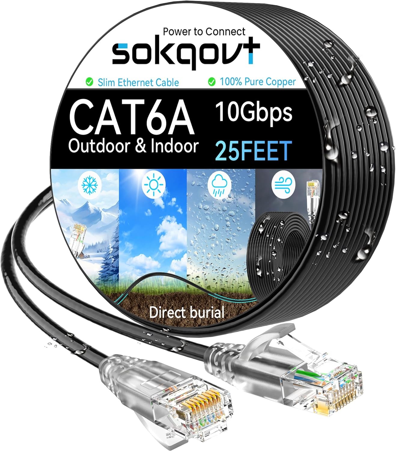 Cat6a Ethernet Cable Slim 25ft Outdoor&Indoor, 28AWG Pure Copper Cat6 Internet C