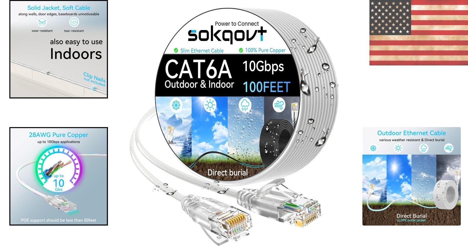 Durable Cat6a Ethernet Cable – 100ft Slim Design for Indoor/Outdoor Reliability