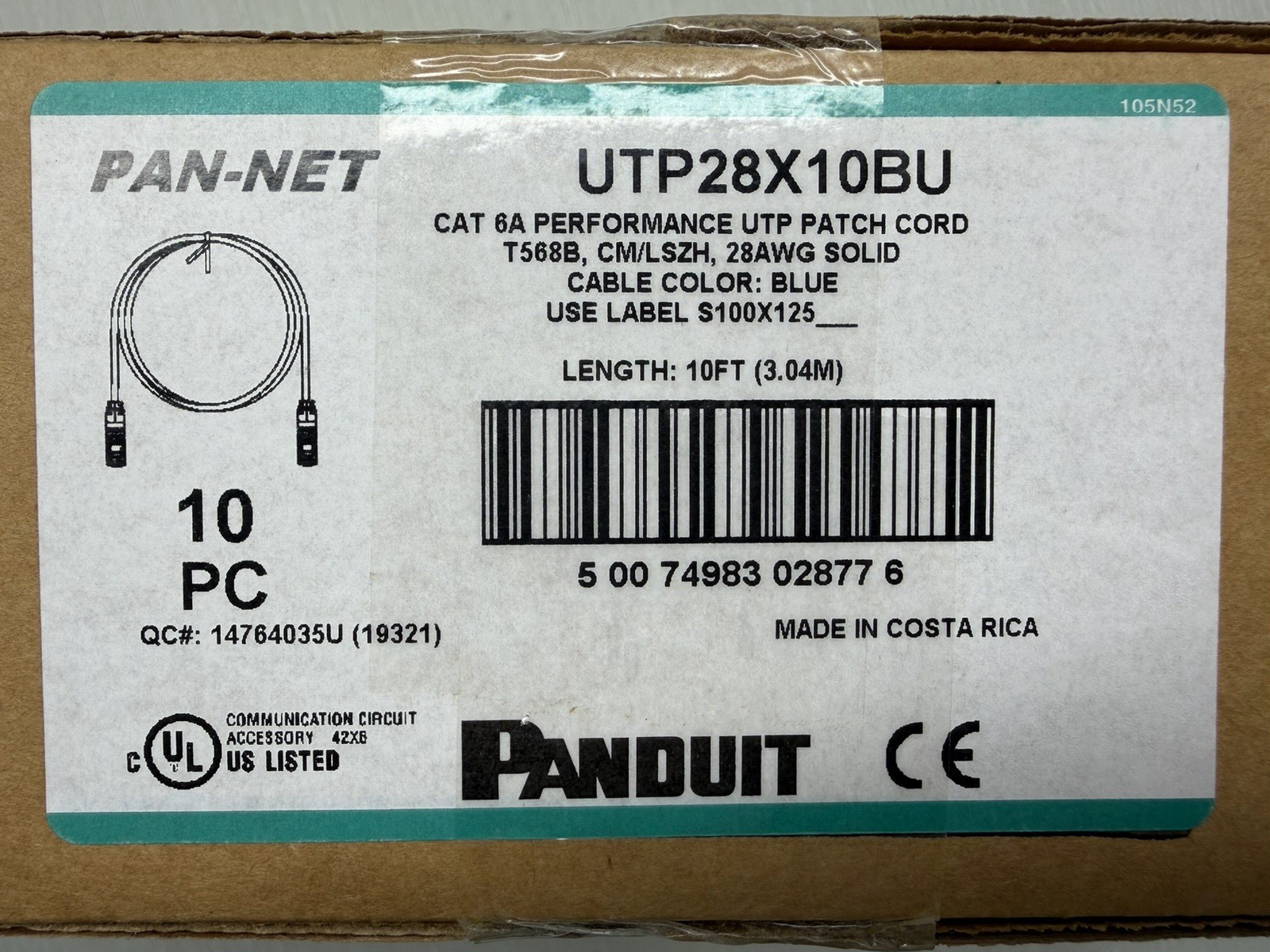 10 ft Panduit UTP28X10BU 28 AWG Copper Cat 6A UTP Patch Cord Blue – 10 pack NEW