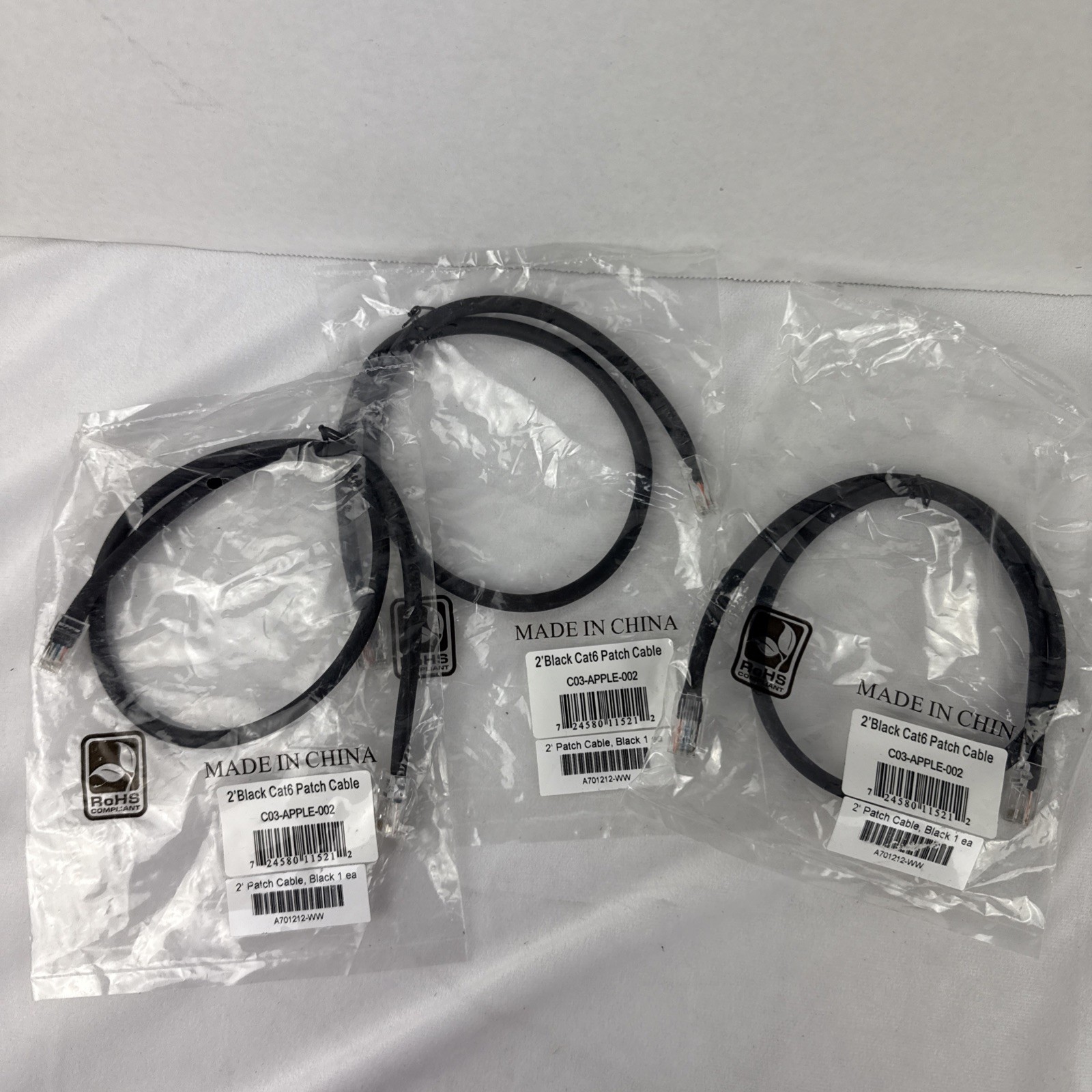 Lot of 3 Cat6 2ft Black Patch Ethernet Cable RoHS Compliant