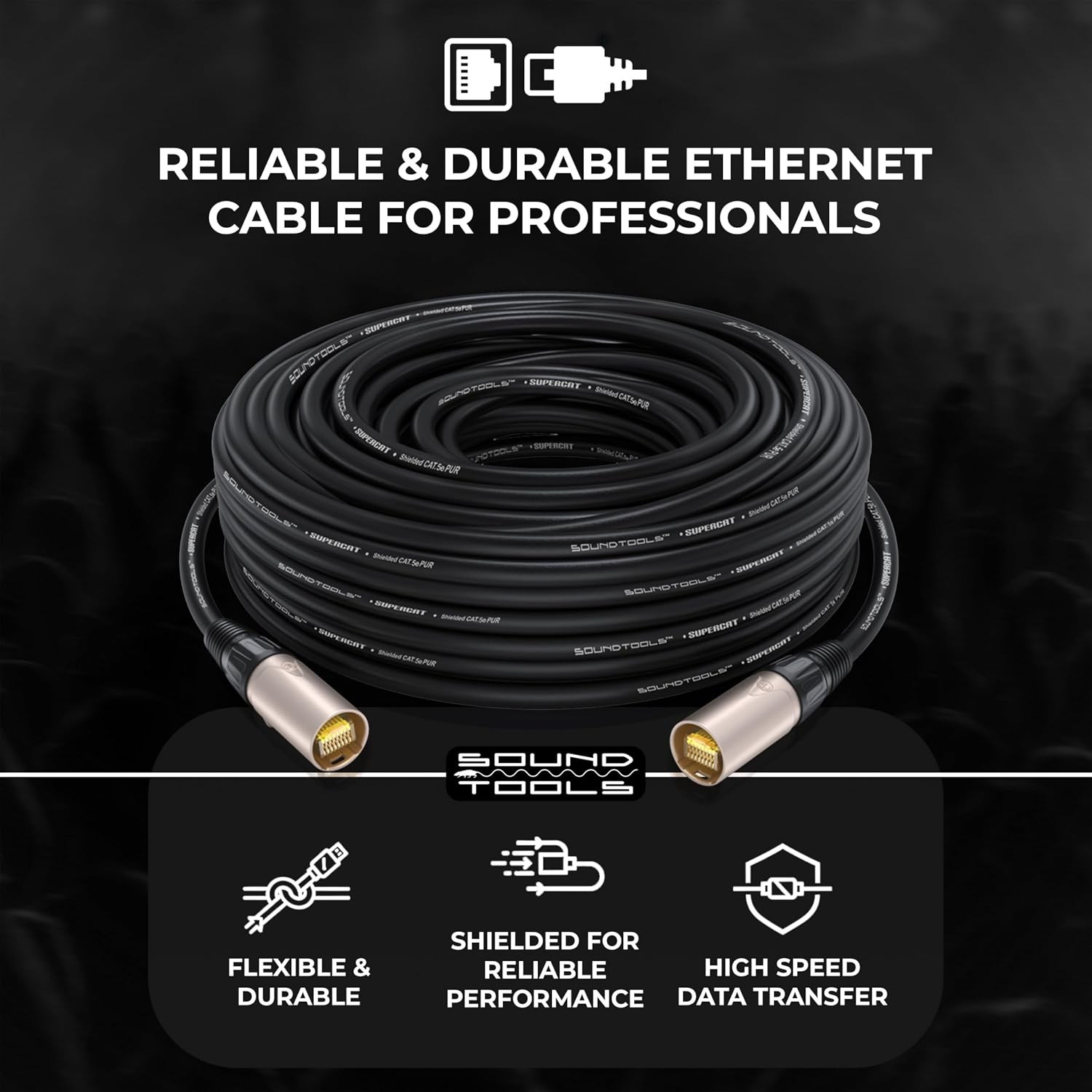 SuperCAT Professional Grade Shielded CAT5e etherCON Cable (25 ft, Black) | High-