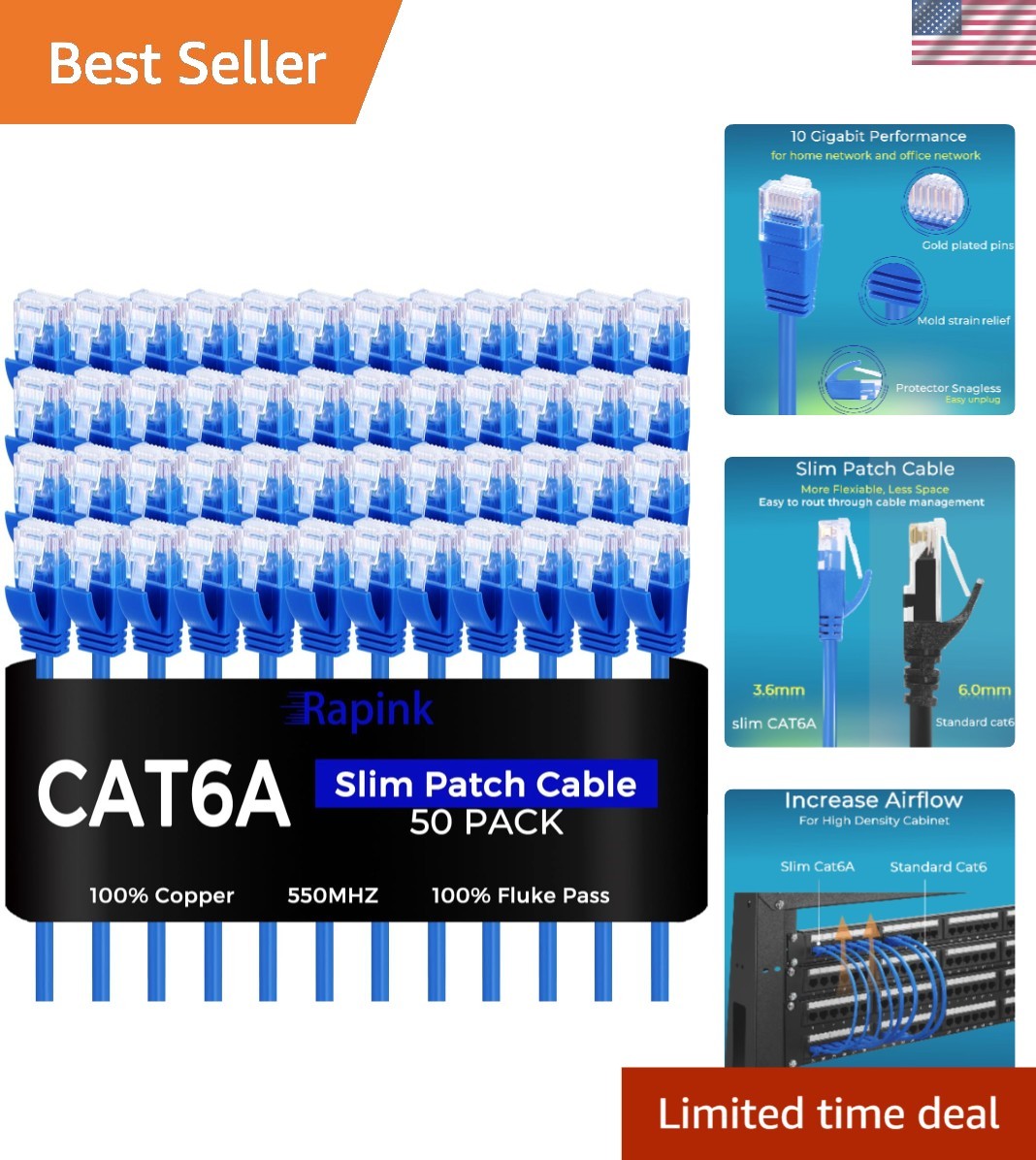 Superior 50 Pack Cat6a 2ft Ethernet Patch Cables – Space-Saving Slim Design