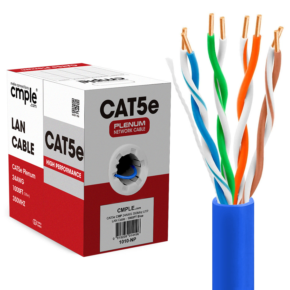 2 Pack 1000ft Cat5e Bulk Ethernet Cable CMP Plenum Solid 24AWG UTP Blue