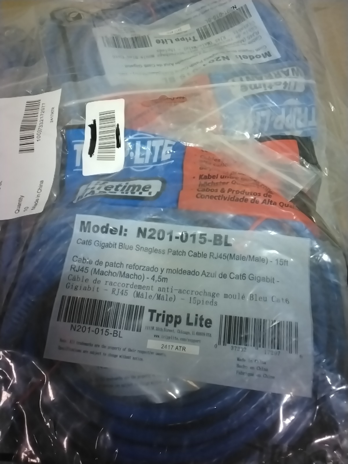 TRIPP LITE N201-015-BL CAT 6 GIGABIT BLUE SNAGLESS PATCH CABLE 15 FT, Lot Of 10