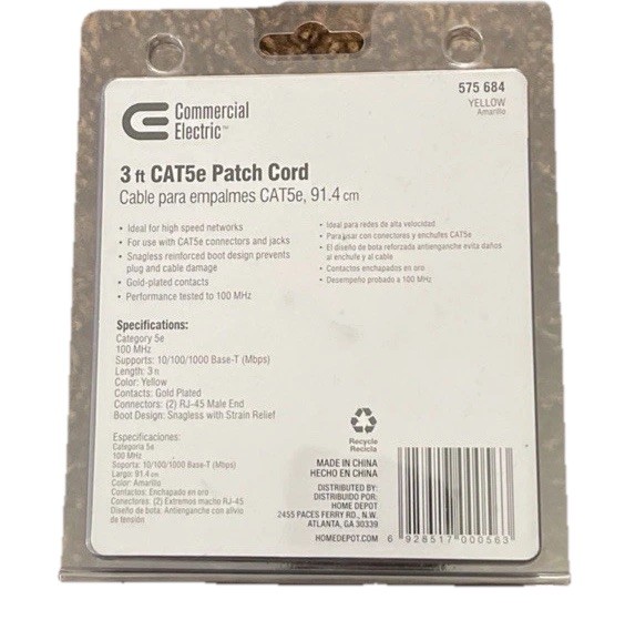 Commercial Electric Cat5e Patch Cord 575684. Yellow. 3 Feet. New.