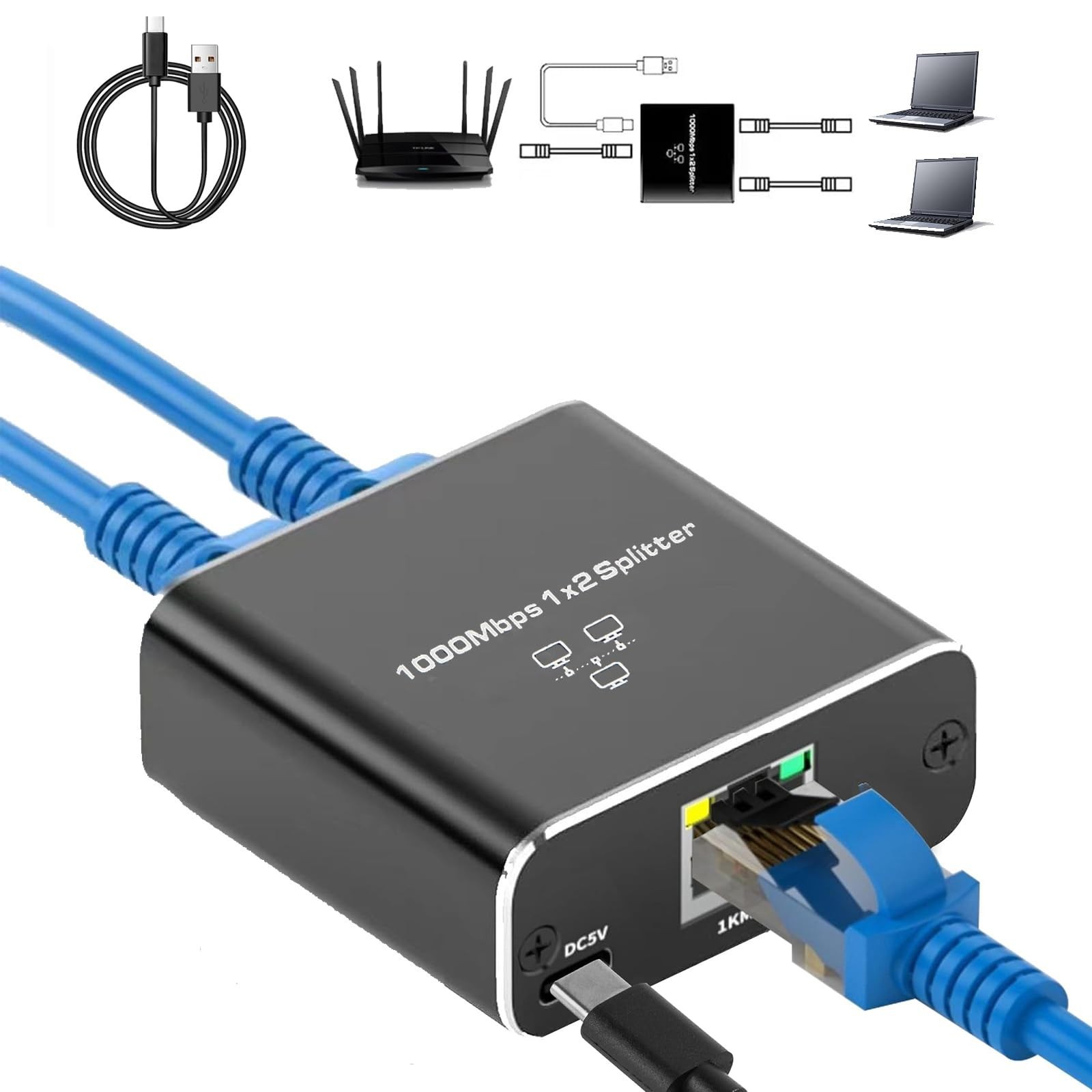 Gigabit Ethernet Splitter 1000Mbps LAN Network Internet 1 to 2 Out RJ45 Adapter