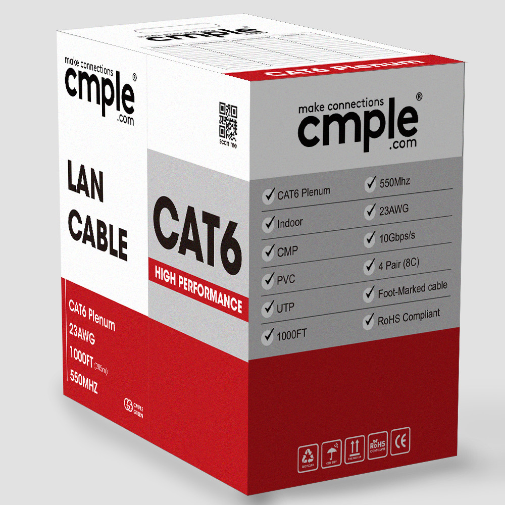 Cat6 Plenum Ethernet Cable 1000ft 2 Pack CMP Solid 23AWG UTP Pull Yellow