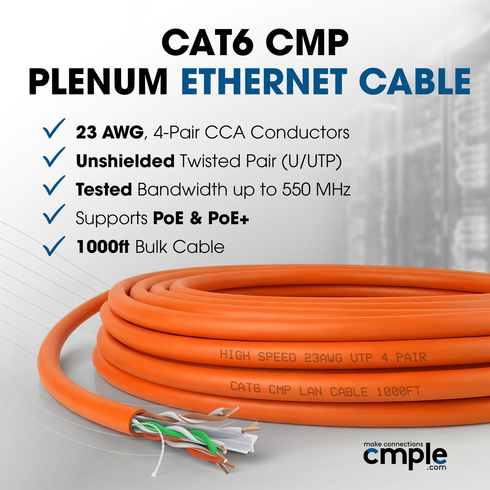 Cat6 Ethernet Cable 1000ft CMP Plenum 23AWG UTP 550MHz Bulk Network Cable