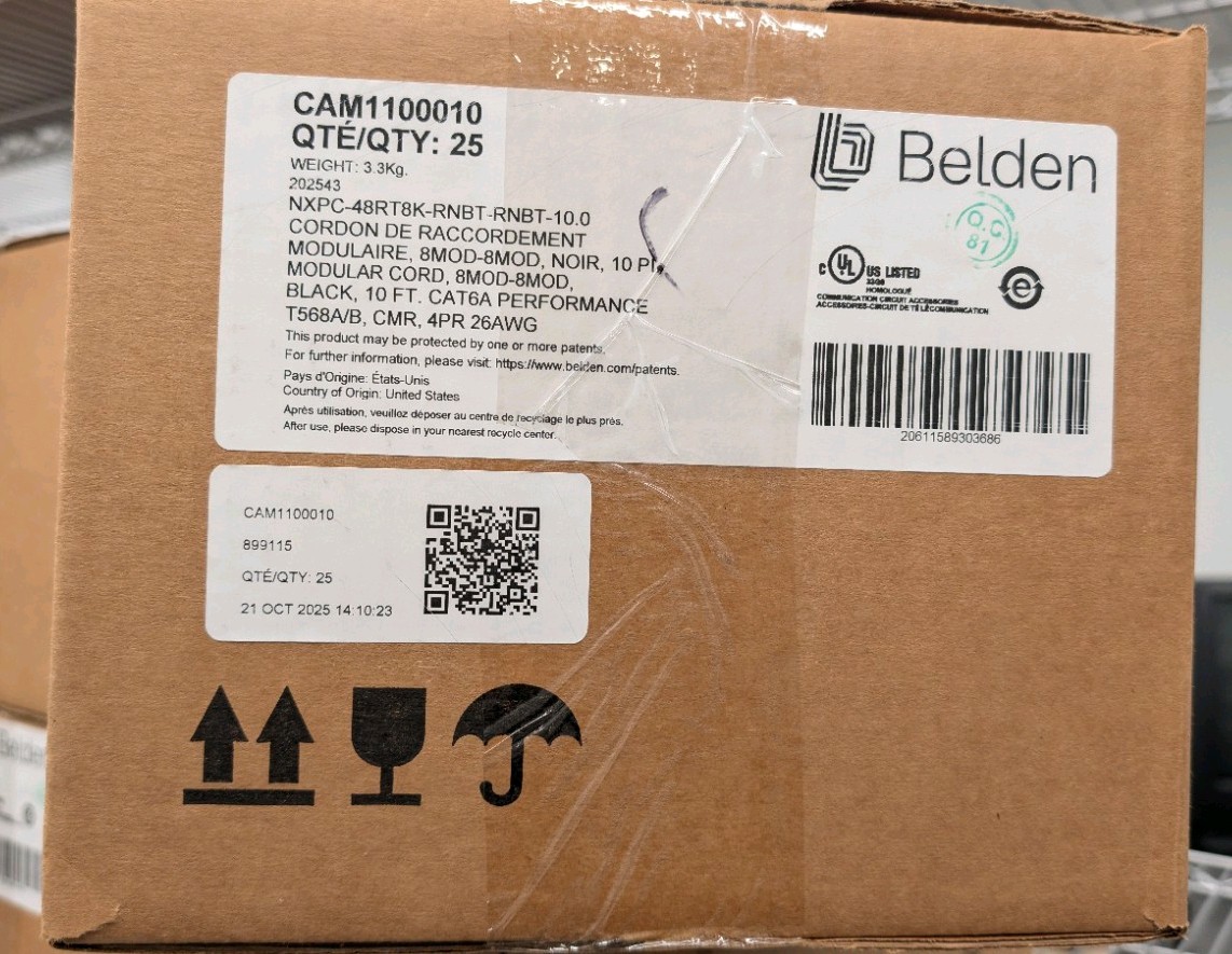 Unopen Case 25 Belden Cat6A Patch Cords (NXPC-48RT8K-RNBT-RNBT-10.0) 10 ft black