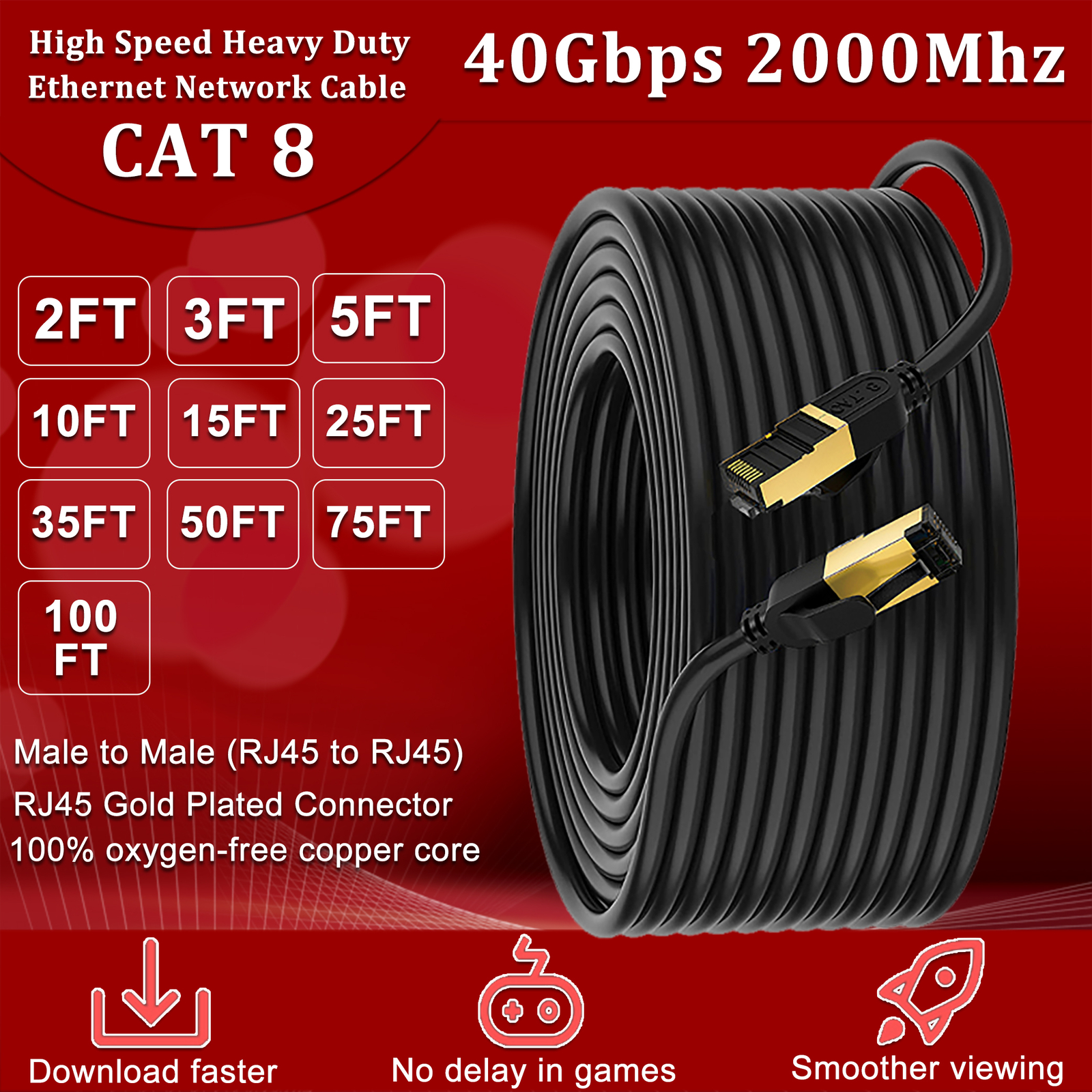 CAT8 RJ45 Ethernet Cable Super Speed 40Gbps Cat 8 Network Cable Gold Plated Lot