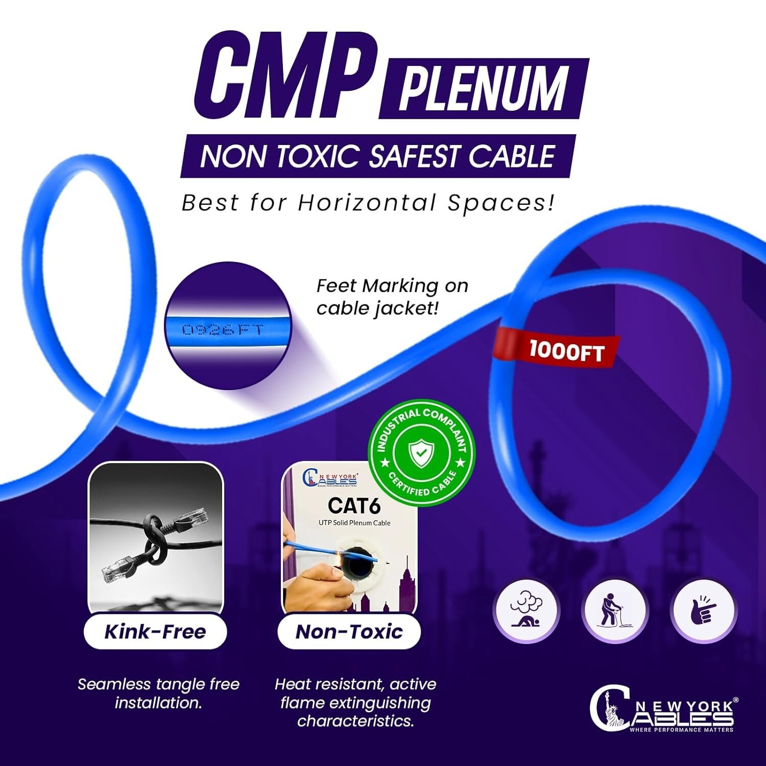 Cat6 Plenum 1000ft CCA UTP Bulk Ethernet Cable 23AWG 550MHz Internet Wire Blue