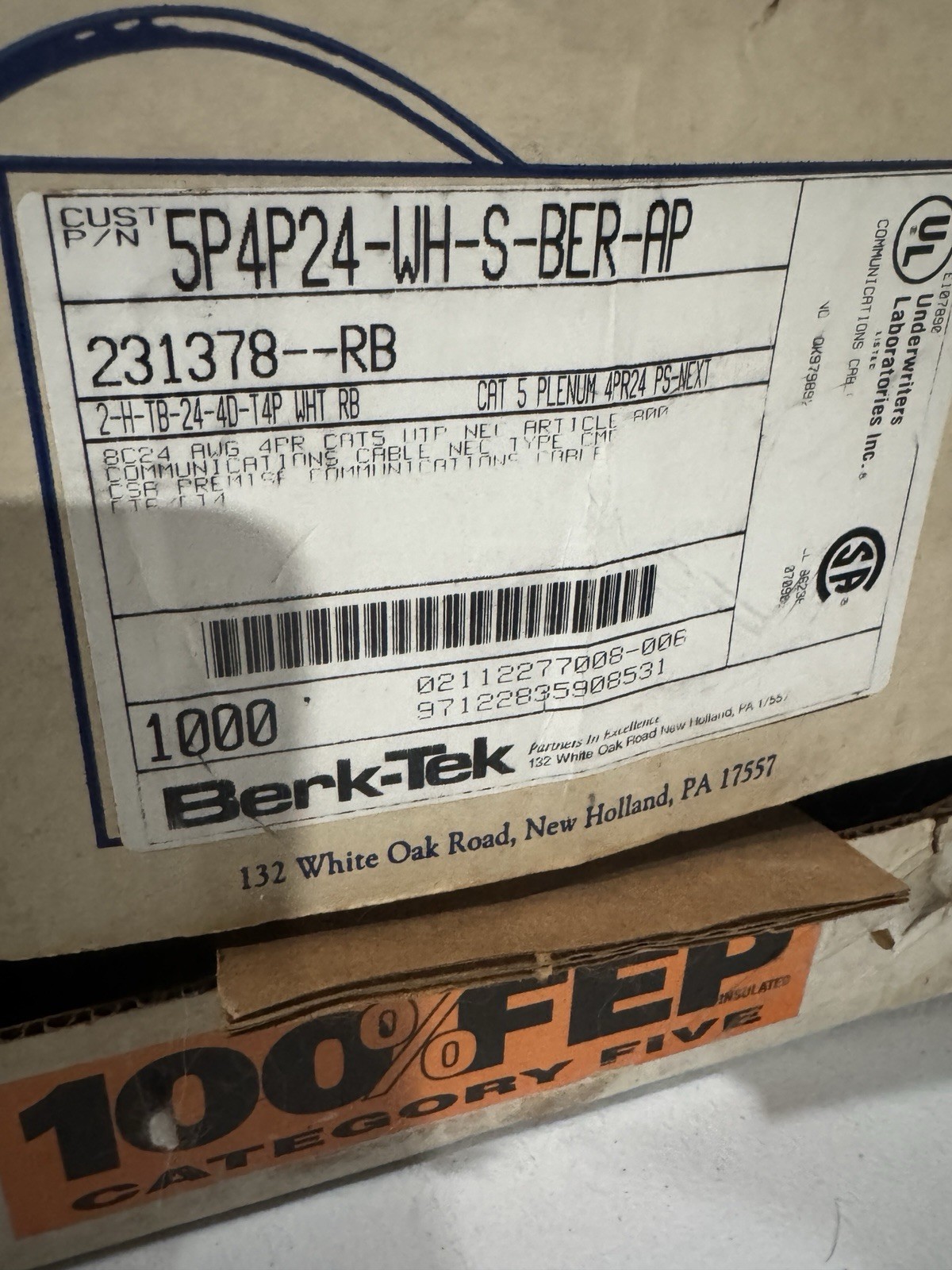 Berk-Tek Cat5 Plenum Network Cable White Approx 10 lb Read!