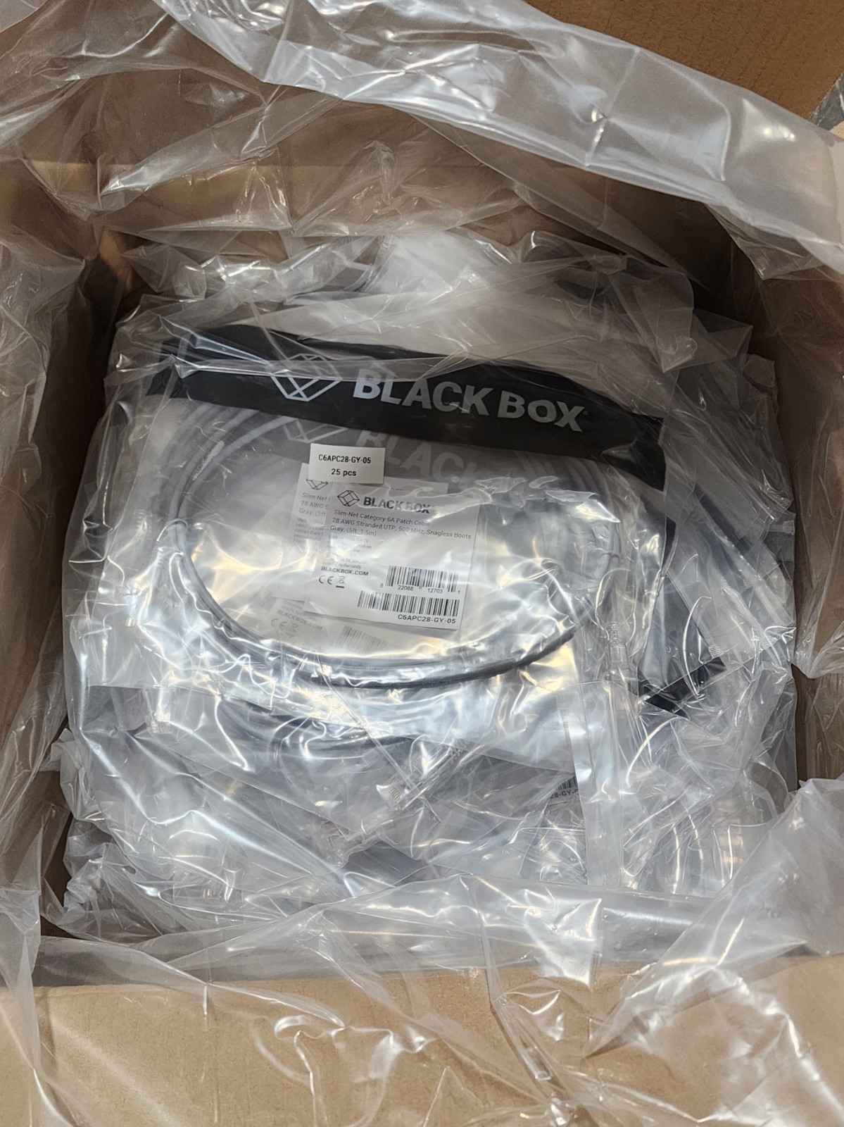 50 Pack 5ft Gray Black Box Slim-Net Cat 6A Patch Cable 28AWG UTP Snagless