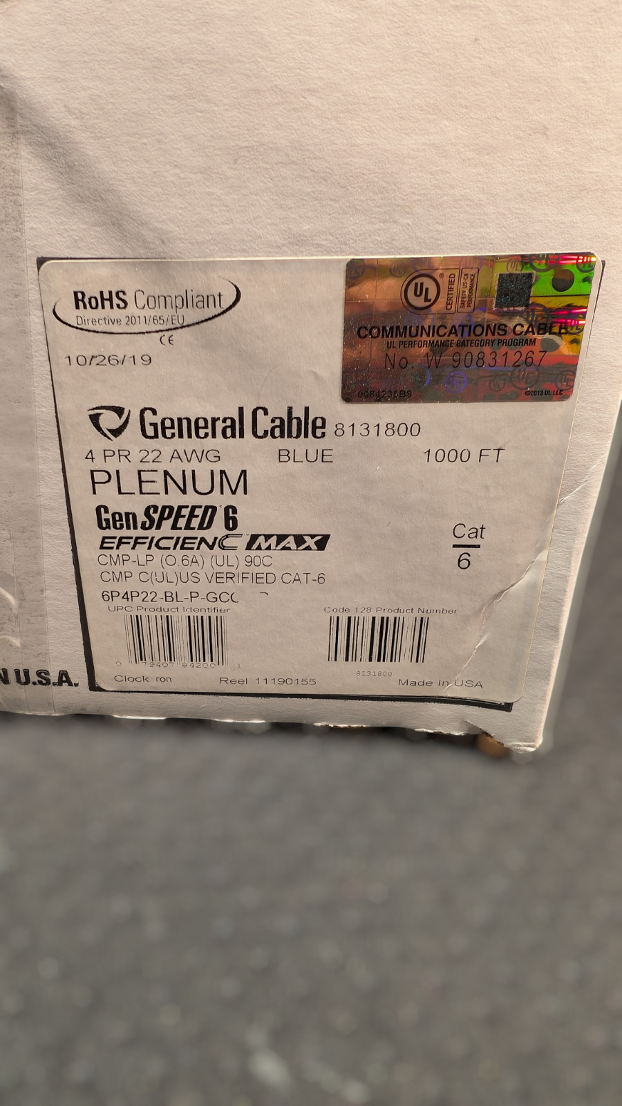 General Cable GenSPEED 6 Efficienc MAX 4/22AWG Cat 6 Plenum PoE Blue 580ft
