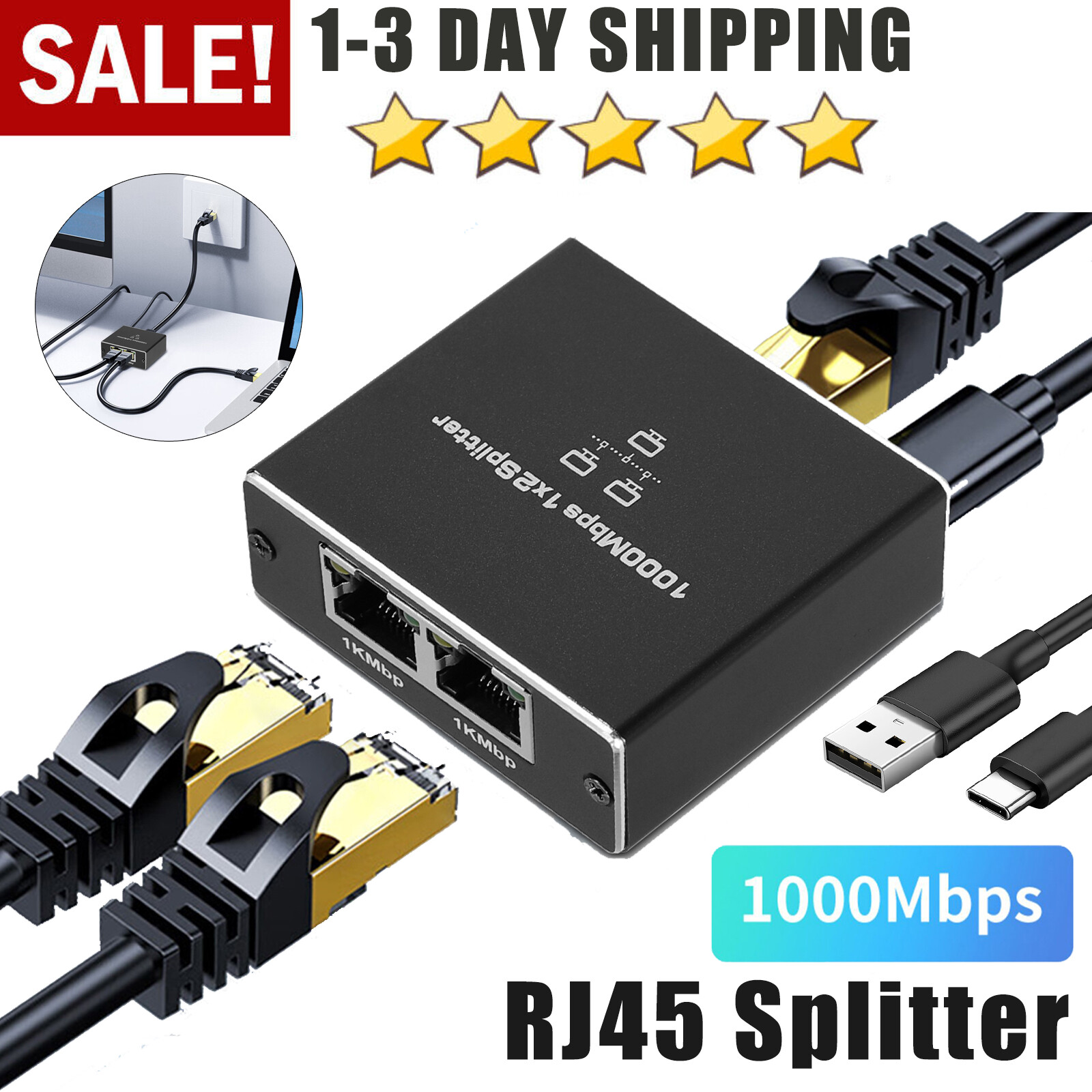 1000Mbps Ethernet Splitter Adapter 1 To 2 With Cat5 Cat5e Cat6 Cat7 Two Device