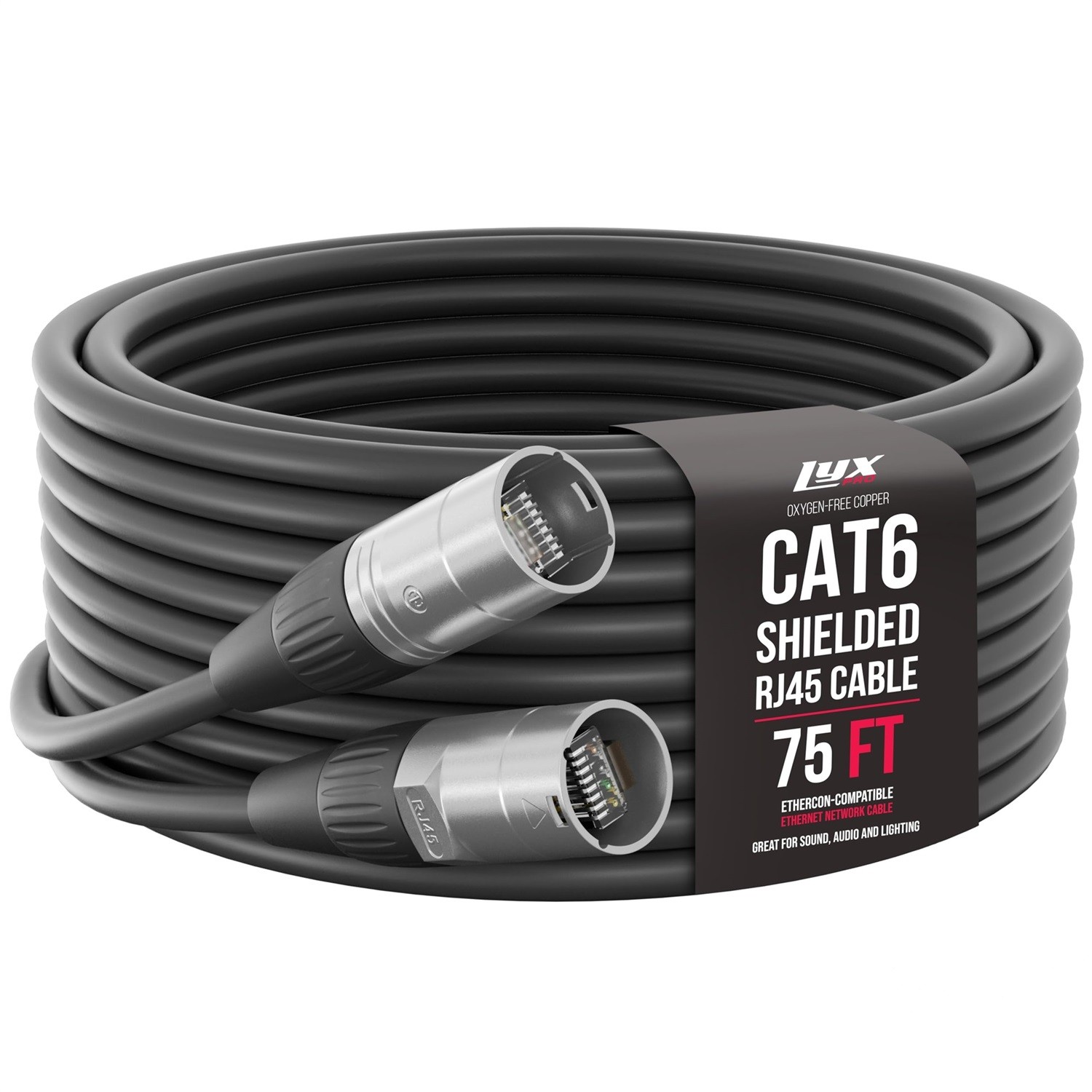 LyxPro 75ft Shielded CAT6 Ethercon RJ45 Cable Pro Audio Lighting Cable, Black