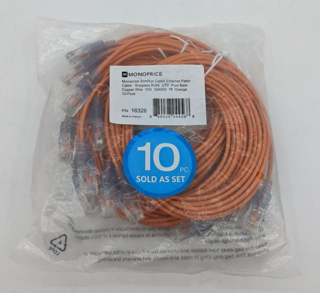 10 Pc. Monoprice 16326: SlimRun Cat6A Ethernet Patch Cable 7ft 30AWG 10G| BUNDLE