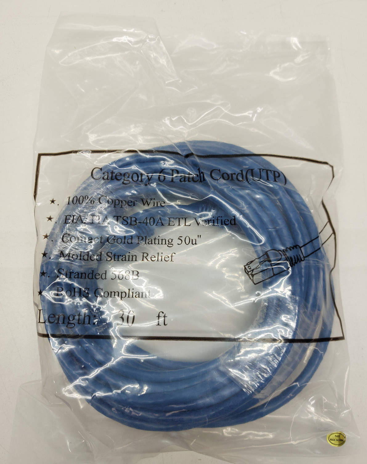 30ft CAT6 UTP Ethernet Patch Booted Cable Blue EIA/TIA TSB-40A ETL Verified ROHS