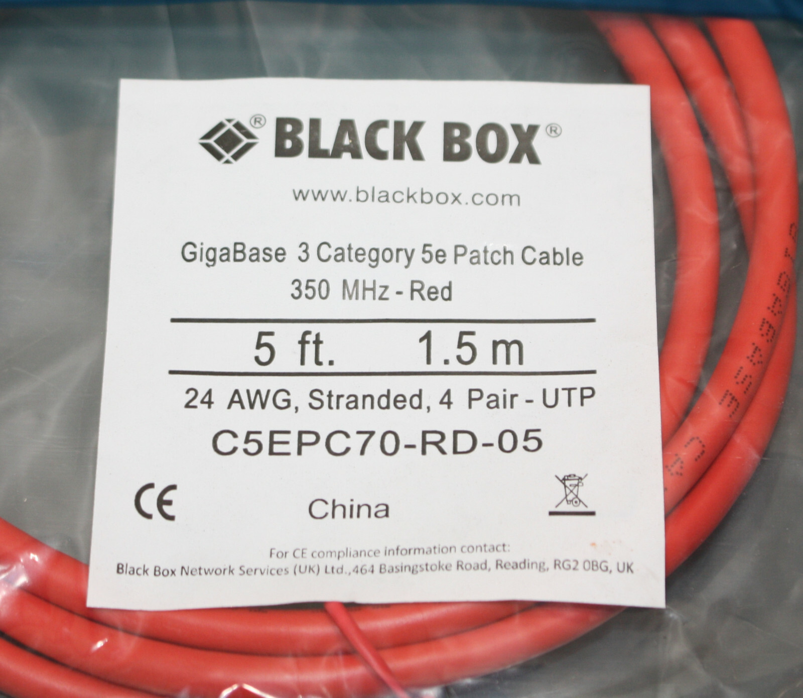 (100) Black Box CAT5e Premium Patch Cable, 5ft Ethernet Red, GigaBase 3, 350 MHz