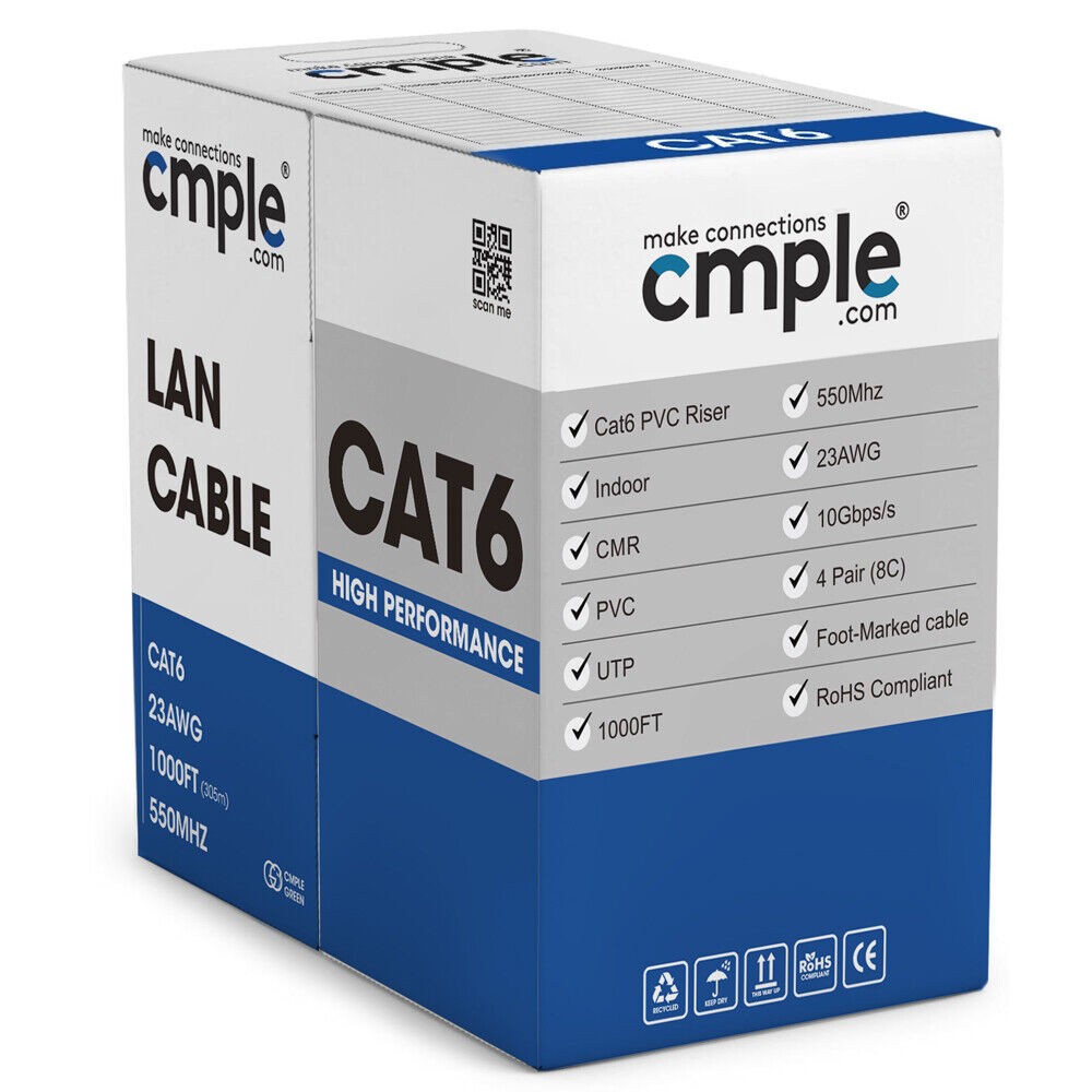 Cat6 CMR Ethernet Cable 1000ft Riser Solid 23AWG UTP In-Wall LAN White