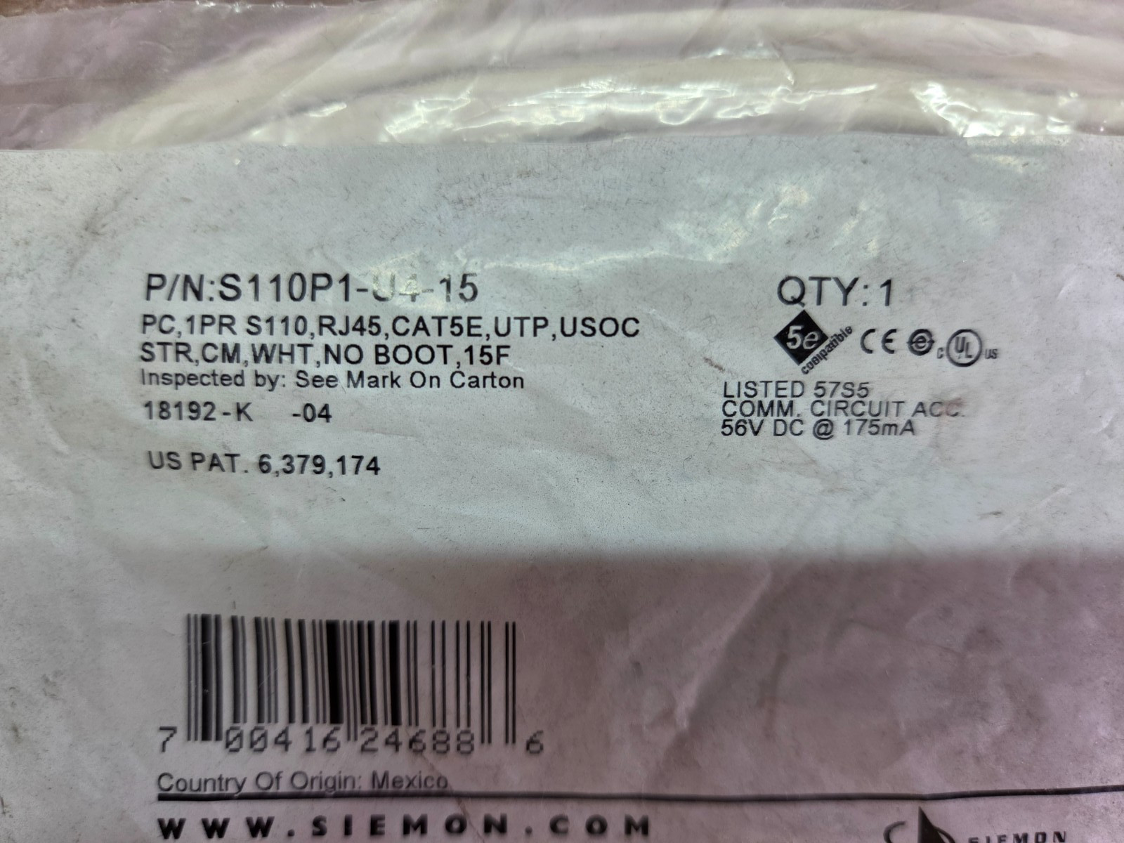 Cable, Patch, 1PR 110 to MC, RJ45, CAT5e, No Boot, 15ft. N/P:S110P1-U4-15