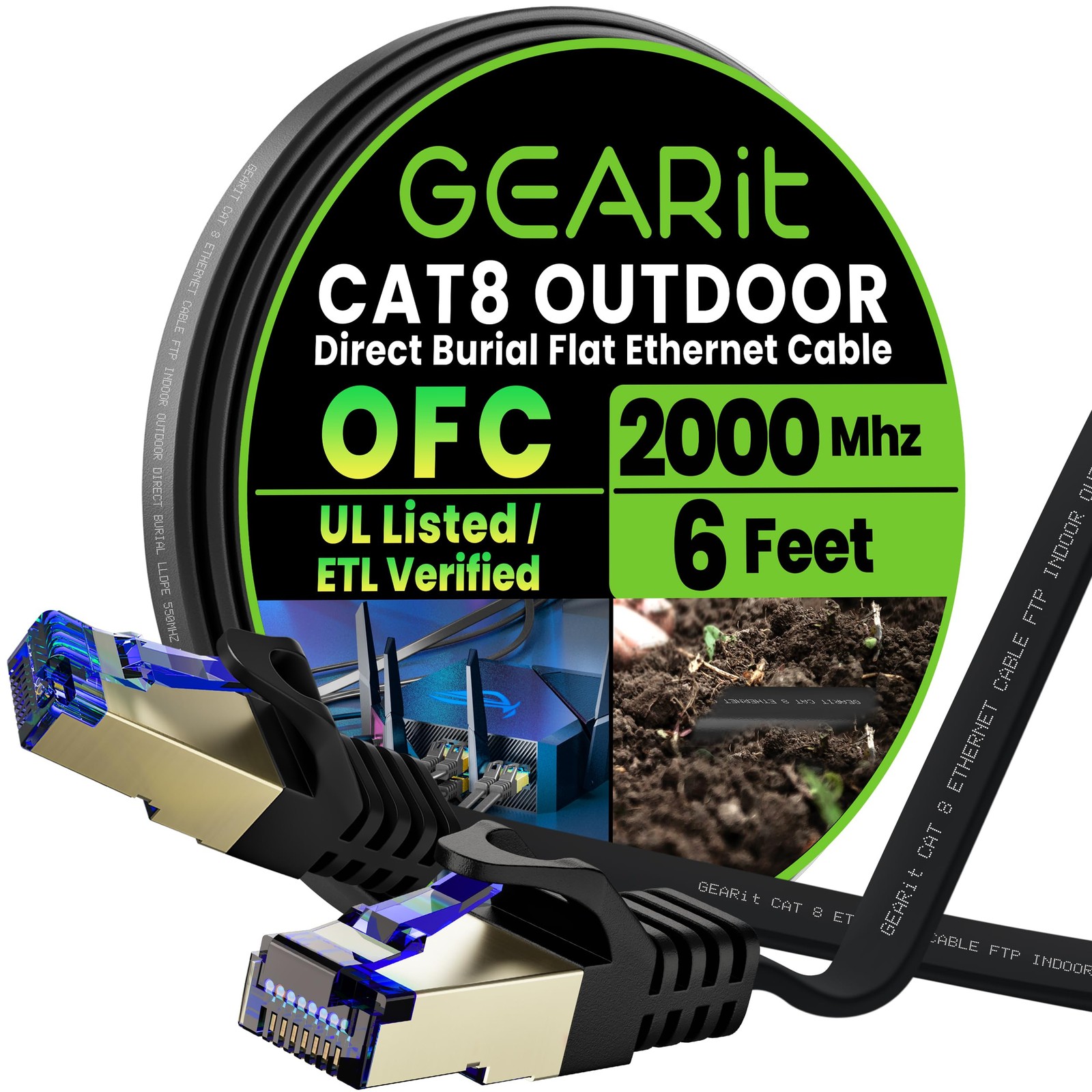 Cat 8 Outdoor Flat Ethernet Cable 6ft Black Shielded FTP RJ45 40Gbps 2000MHz