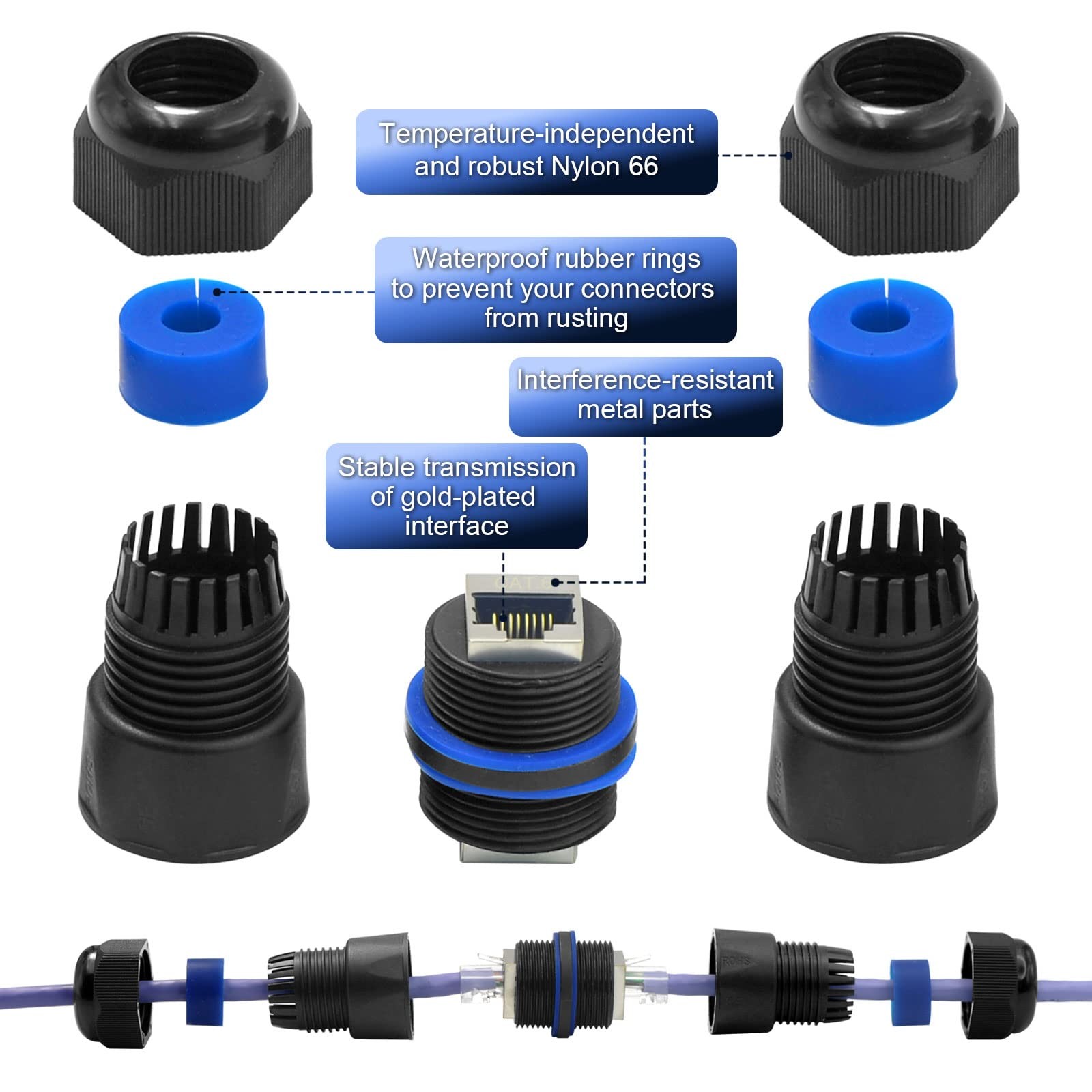 Waterproof RJ45 Coupler IP68 Cat6/Cat5E Shielded Ethernet Connector 6Pack Blue