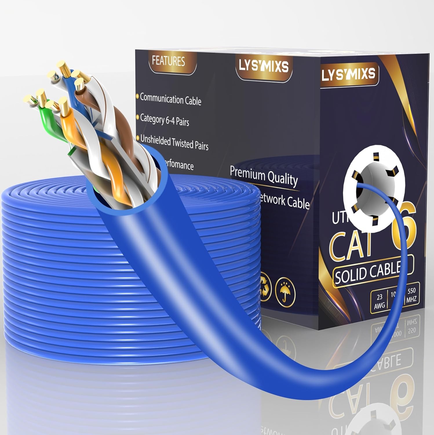 Lysymixs 1000ft Cat6 Ethernet Cable – 10G, 550MHz, Easy Pull Box, Blue
