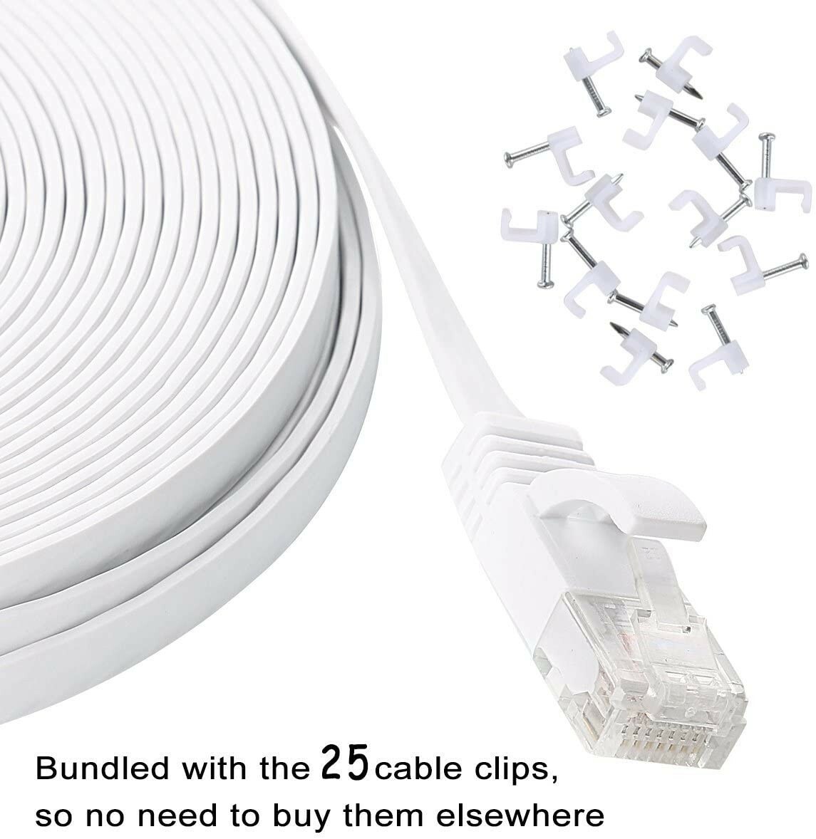 White 100 ft Flat Cat 6 Ethernet Cable with clips & Rj45 Connectors