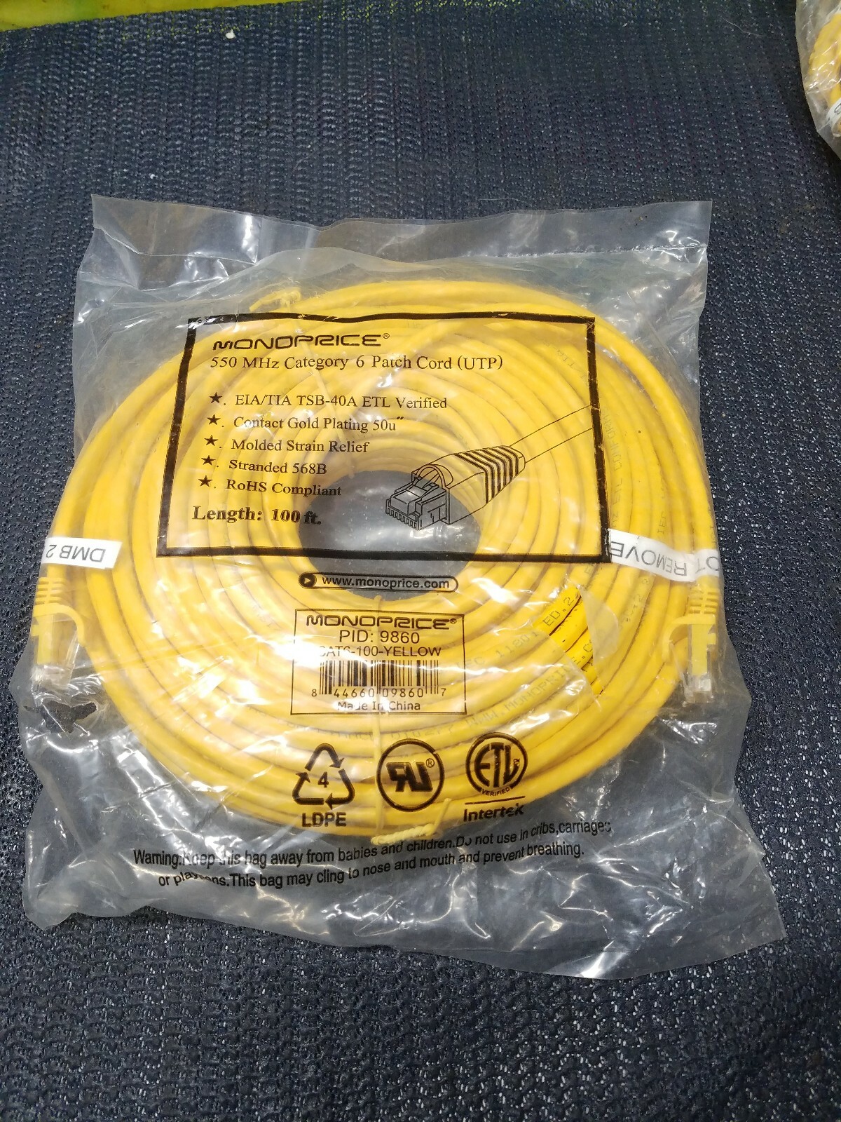 Monoprice Cat6 Ethernet Patch Cable – 100ft – Yellow, RJ45, 550Mhz, UTP, 24AWG