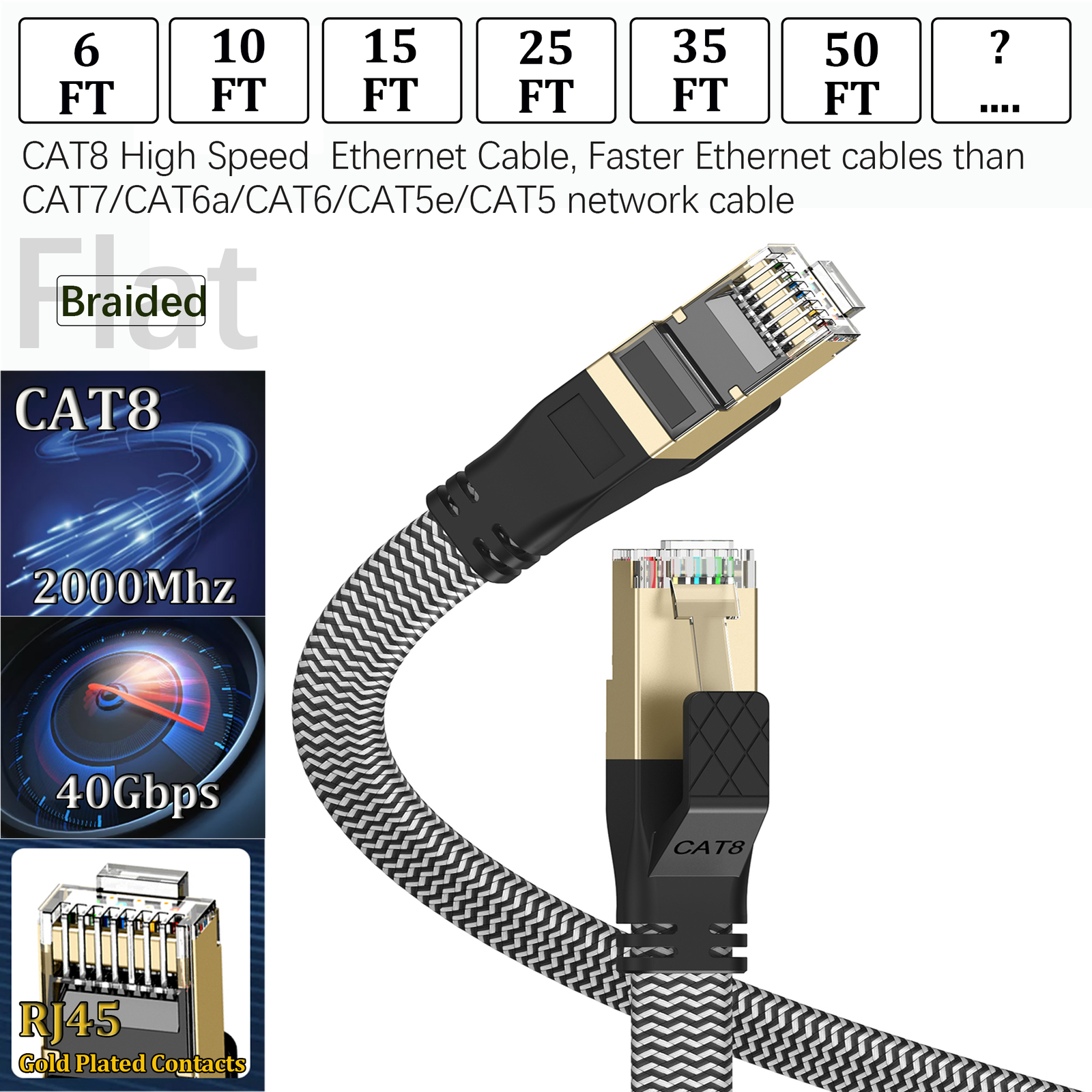 Braided 6FT-50FT Heavy Duty Cat8 Ethernet Cable 40Gbps/2000Mhz RJ45 Network Cord