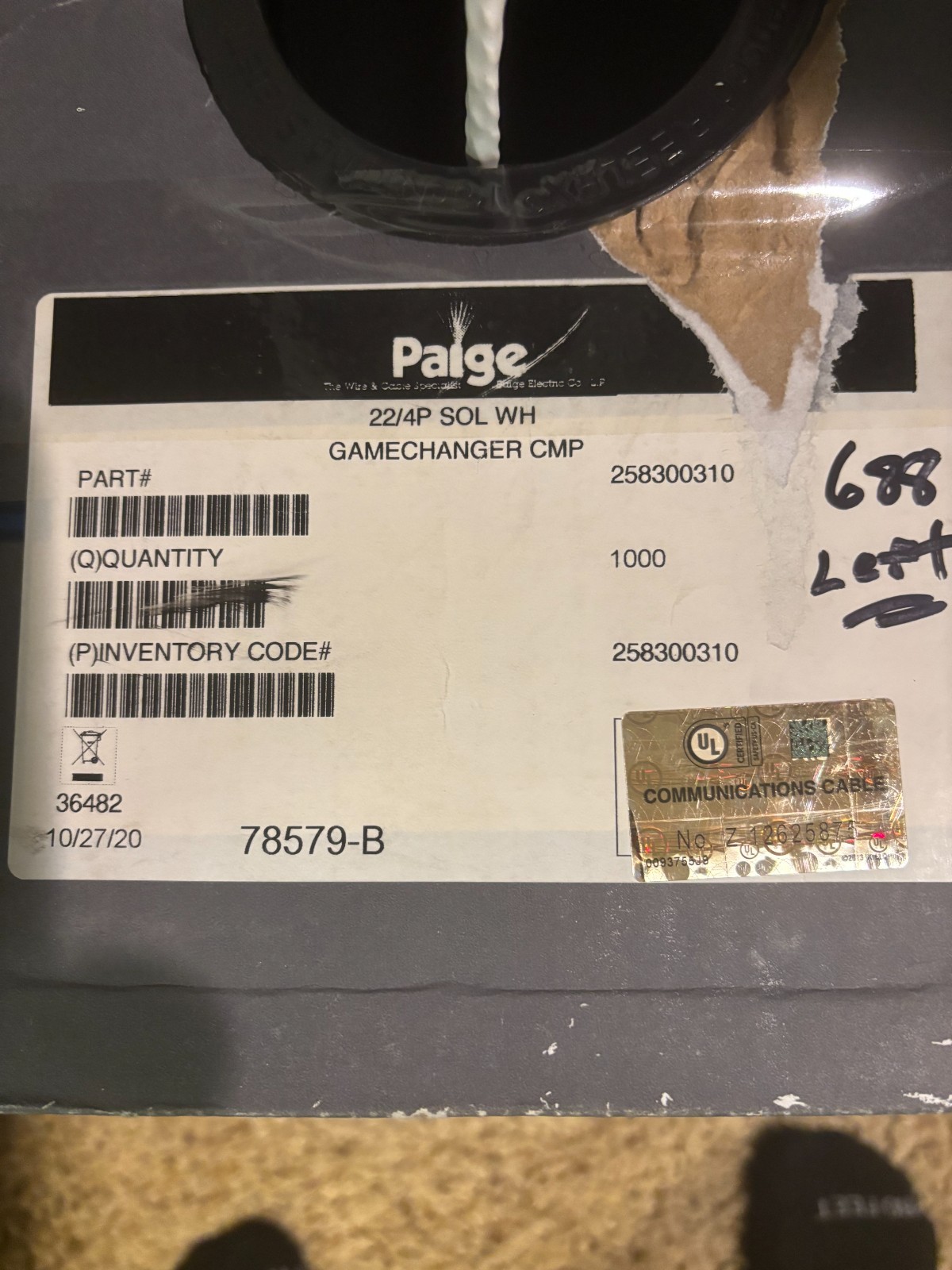 Paige 258300310 Plenum GameChanger Cable 688′, 22 AWG, 8 Conductors, 4PR, White
