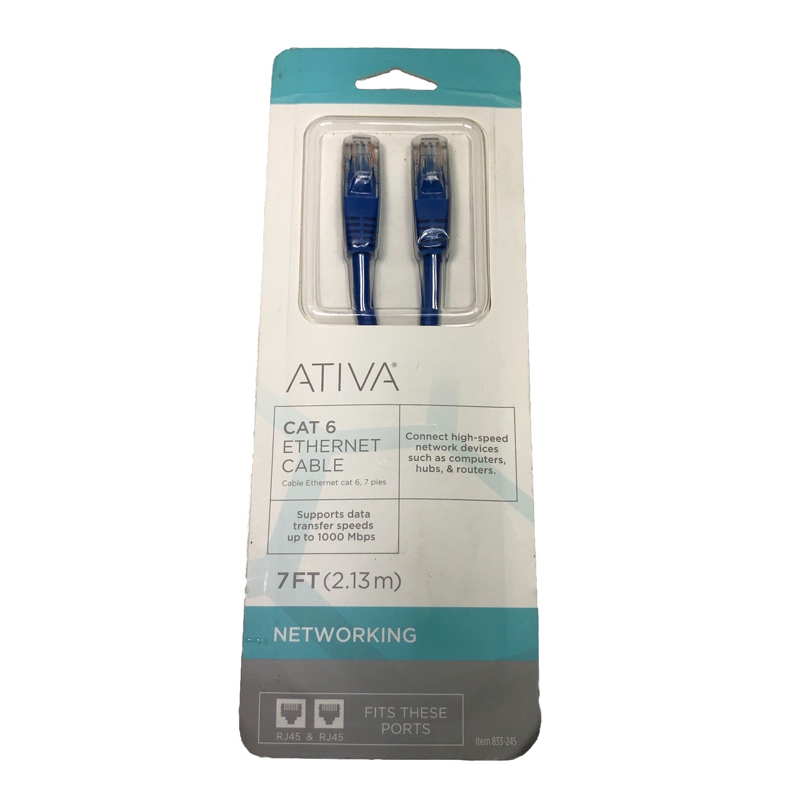 ATIVA CAT 6 Ethernet Cable 7 FT 1000 Mbps Blue Includes Two Male RJ45 Plugs- New