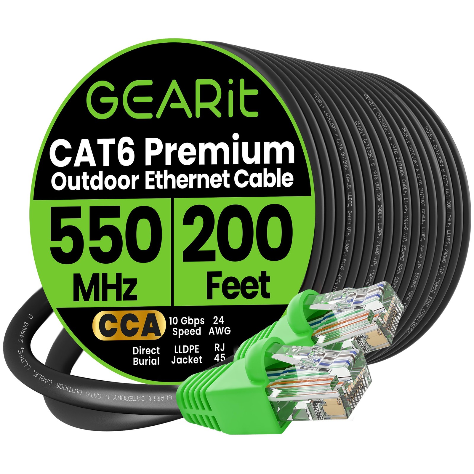 Cat-6 Ethernet Cable 10Gbps, Gold-Plated, Outdoor, UV Resistant, 200ft, Black