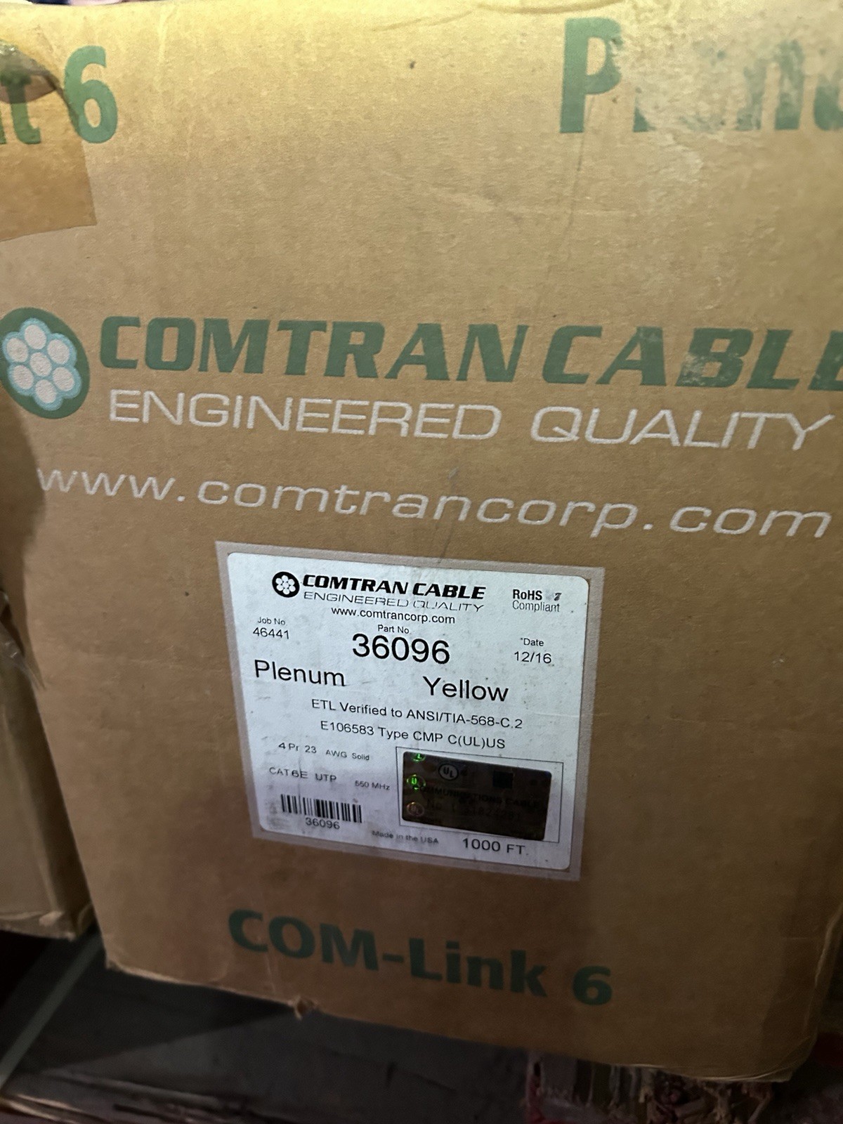 COMTRAN CABLE 36096 PLENUM YELLOW E106583 CAT 6E UTP 4PR, 23 AWG, SOLID, 1000′