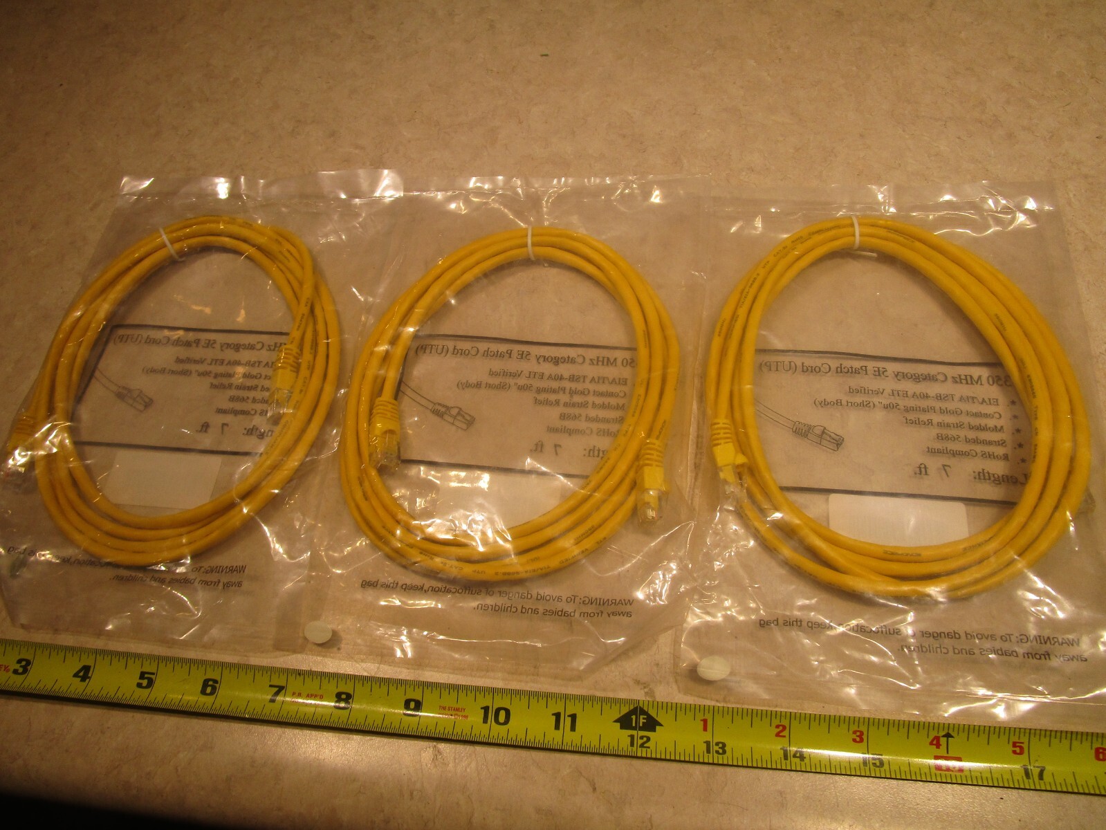 LOT OF 3 CAT5E-07-YELLOW CATEGORY 5E PATCH CORDS, 7FT LENGTH, S0472