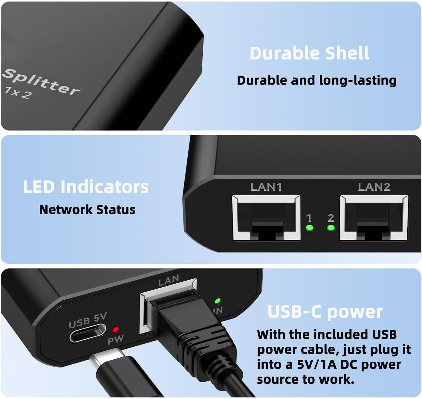 RJ45 Gigabit Ethernet Splitter 1000Mbps LAN Network Internet 1 to 2 Out Adapter