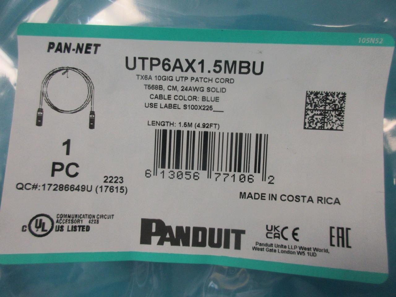 PANDUIT UTP6AX1.5MBU 5′ CAT 6A 26AWG SNAGLESS S/FTP PVC CM ETHERNET PATCH CABLE