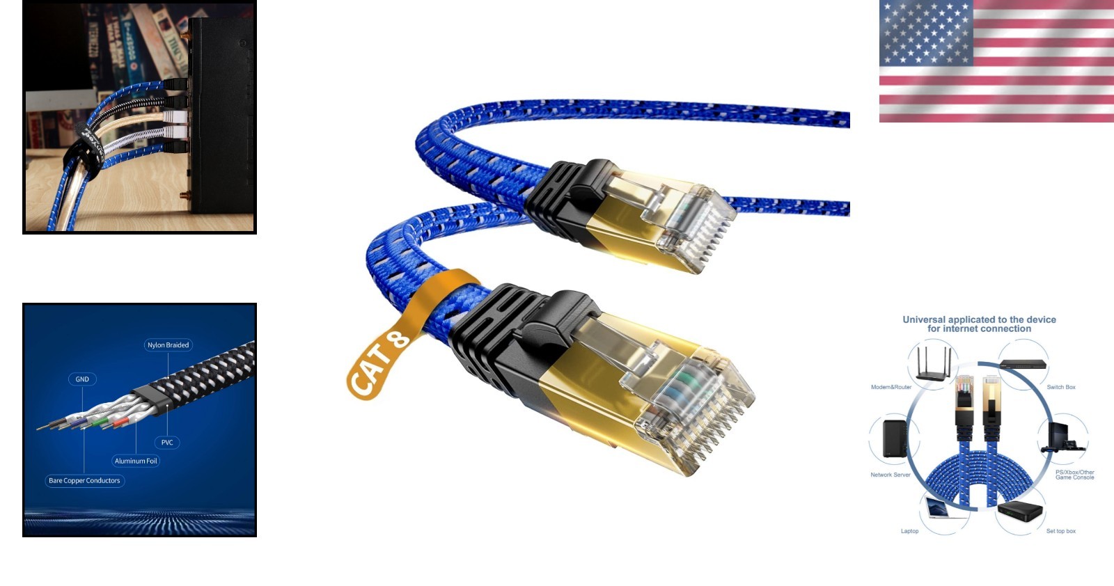 16ft Nylon Braided Cat 8 Ethernet Cable – 40Gbps, Universal RJ45 Connector
