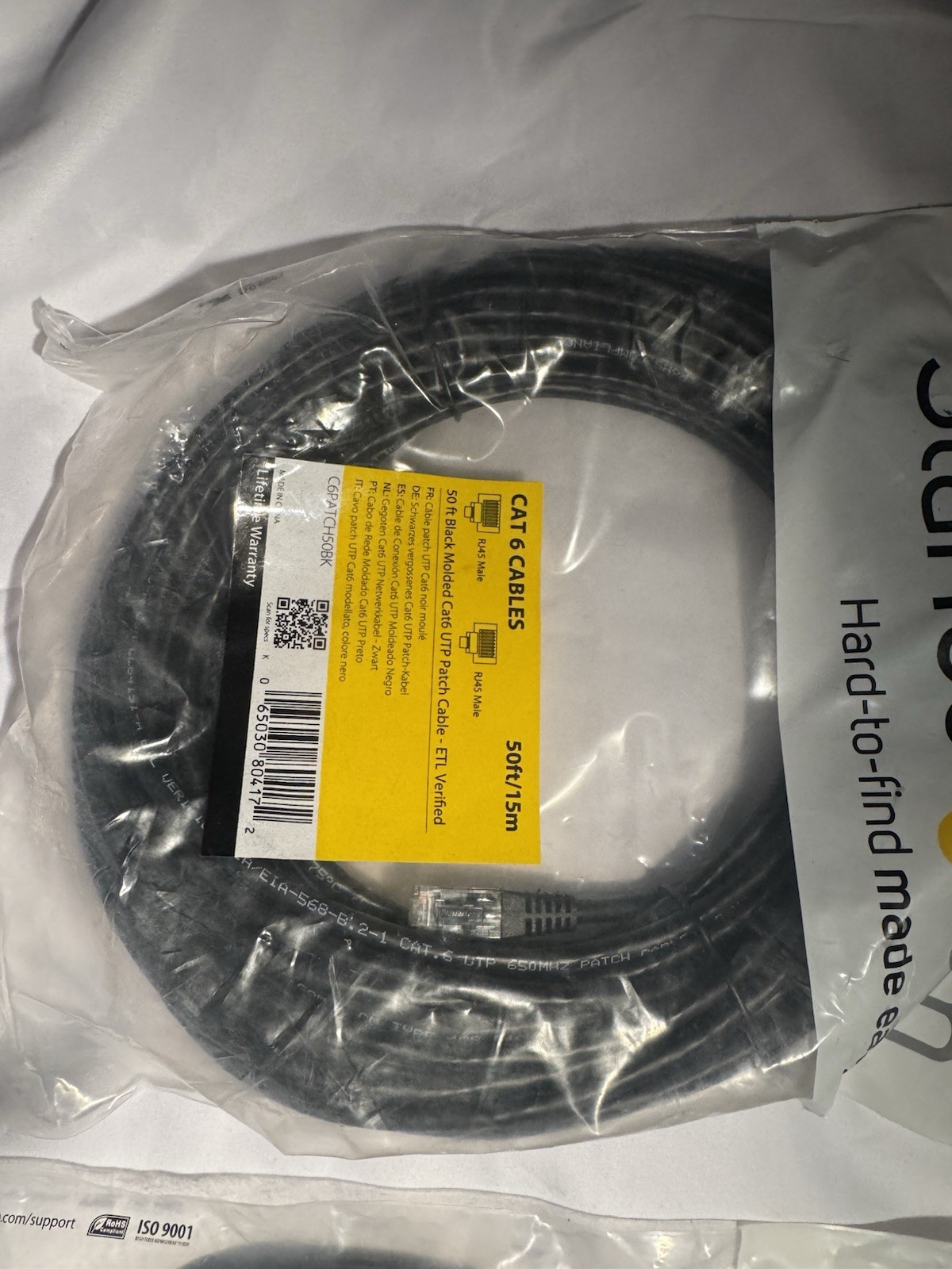 StarTech Cat 6 Ethernet Patch Cable RJ-45 Male 50ft/15m Black Round