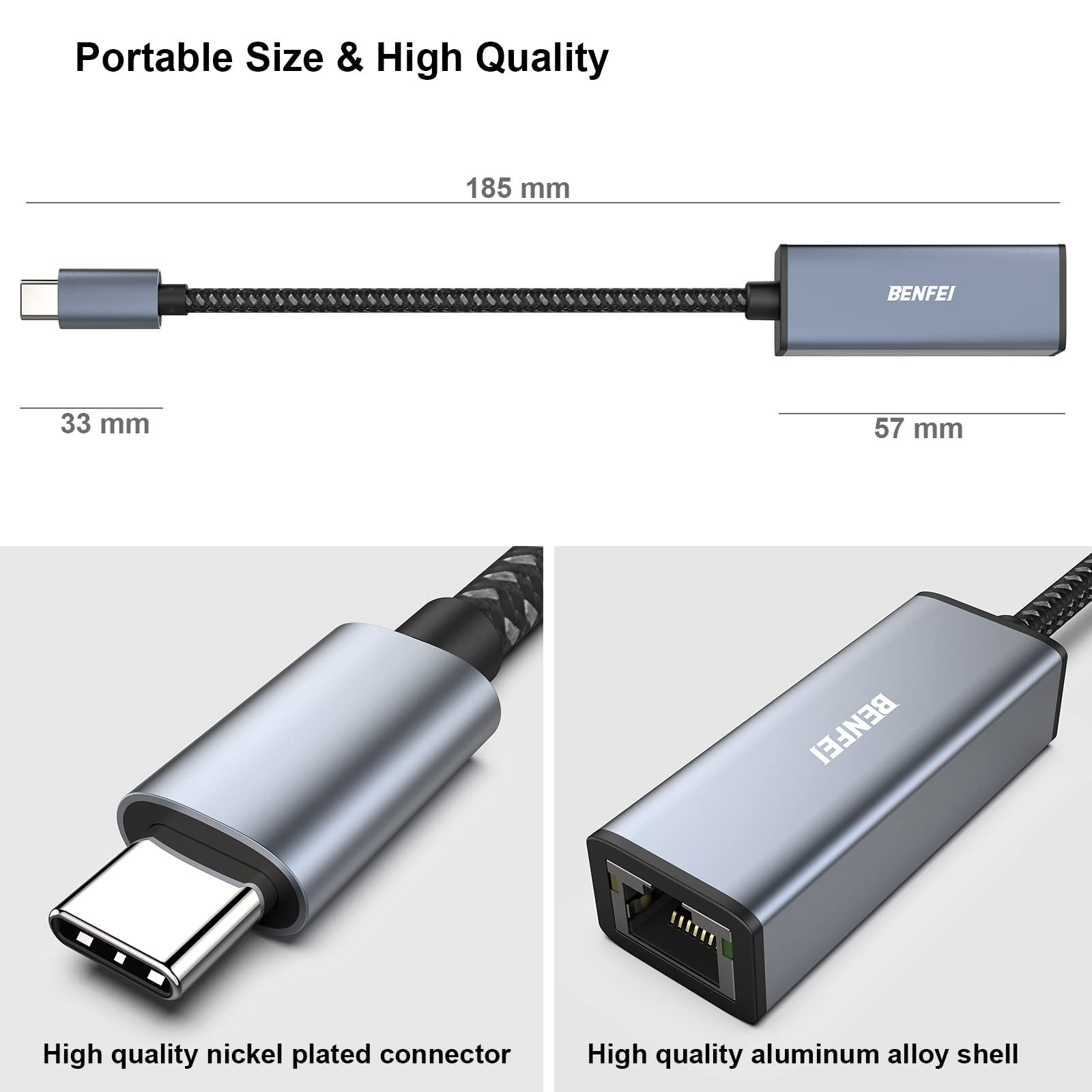 BENFEI USB-C to Ethernet Adapter, USB Type-C (Thunderbolt 3/4) 1 Pack, Black