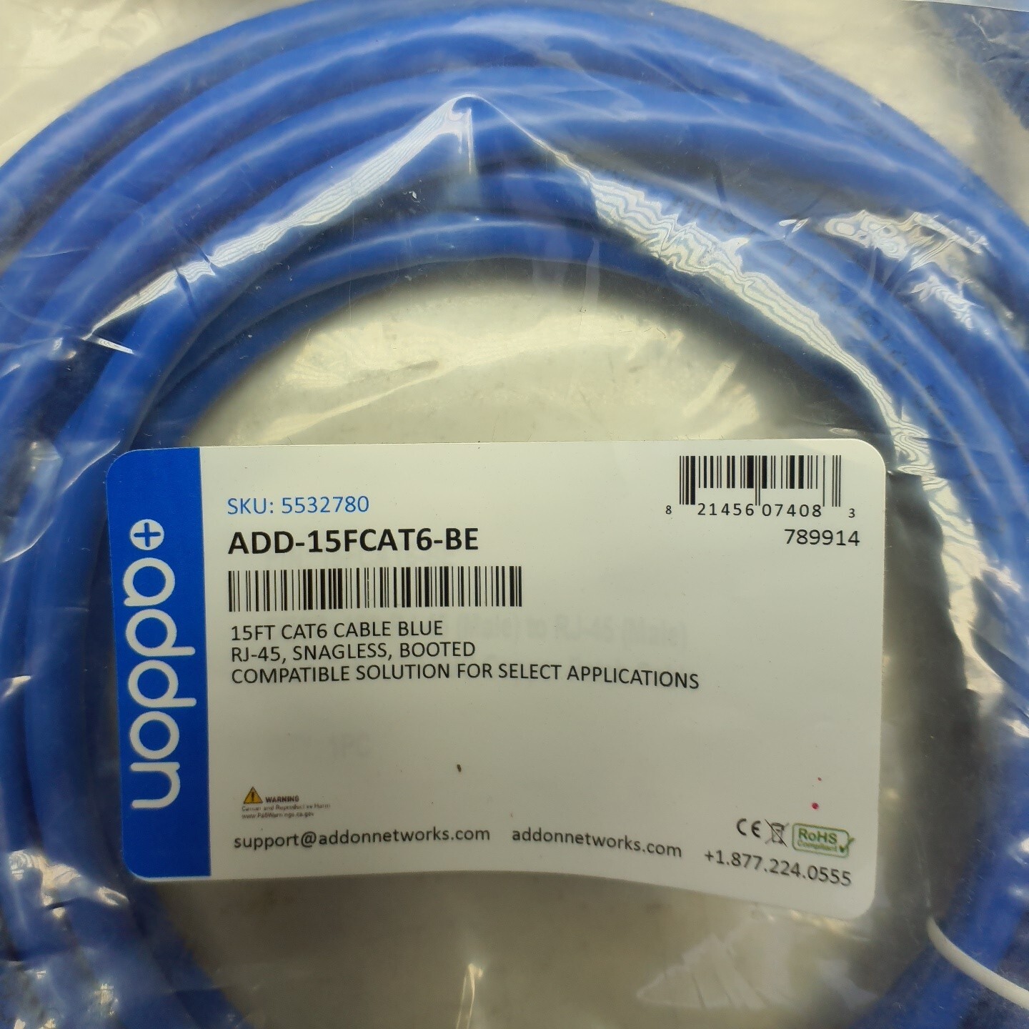 2 Pack AddOn 15ft RJ-45 Male to RJ-45 Male Straight Blue Cat6 UTP PVC Patch