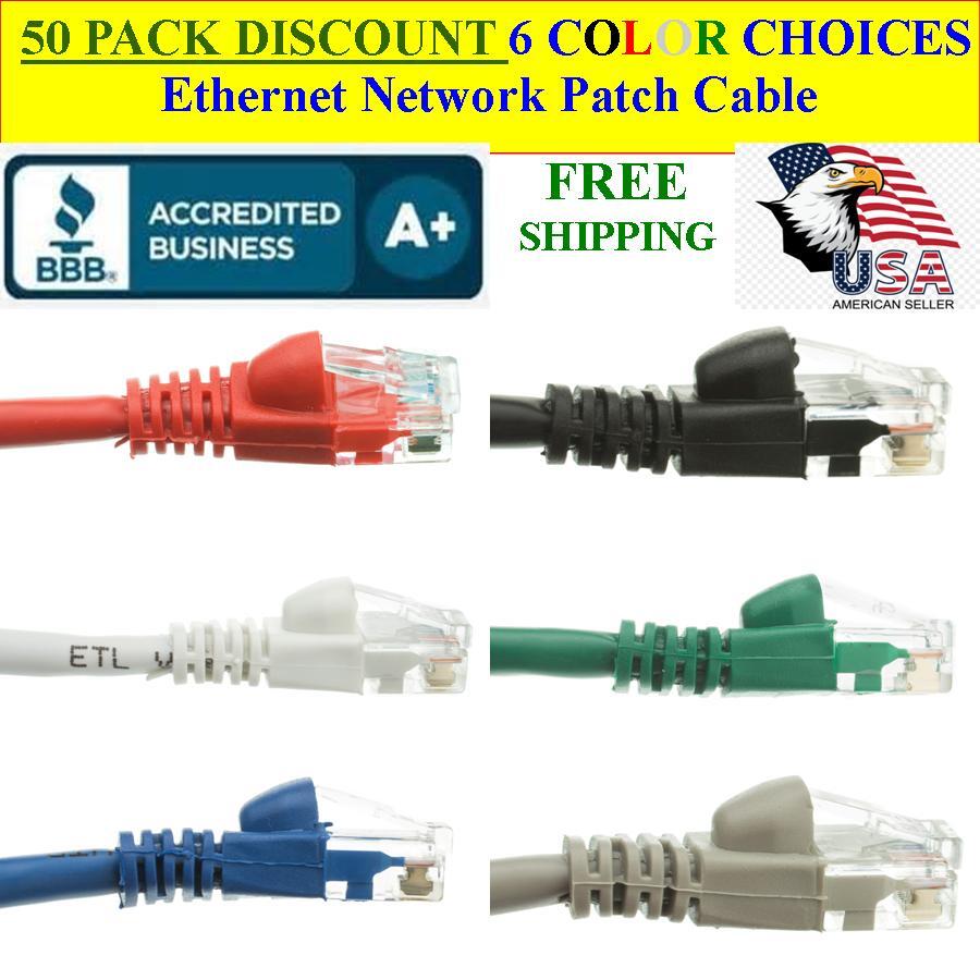 50 PACK 1 Ft Cat5e Ethernet Network Computer Patch Cable for PC, XBOX, PS3, PS4