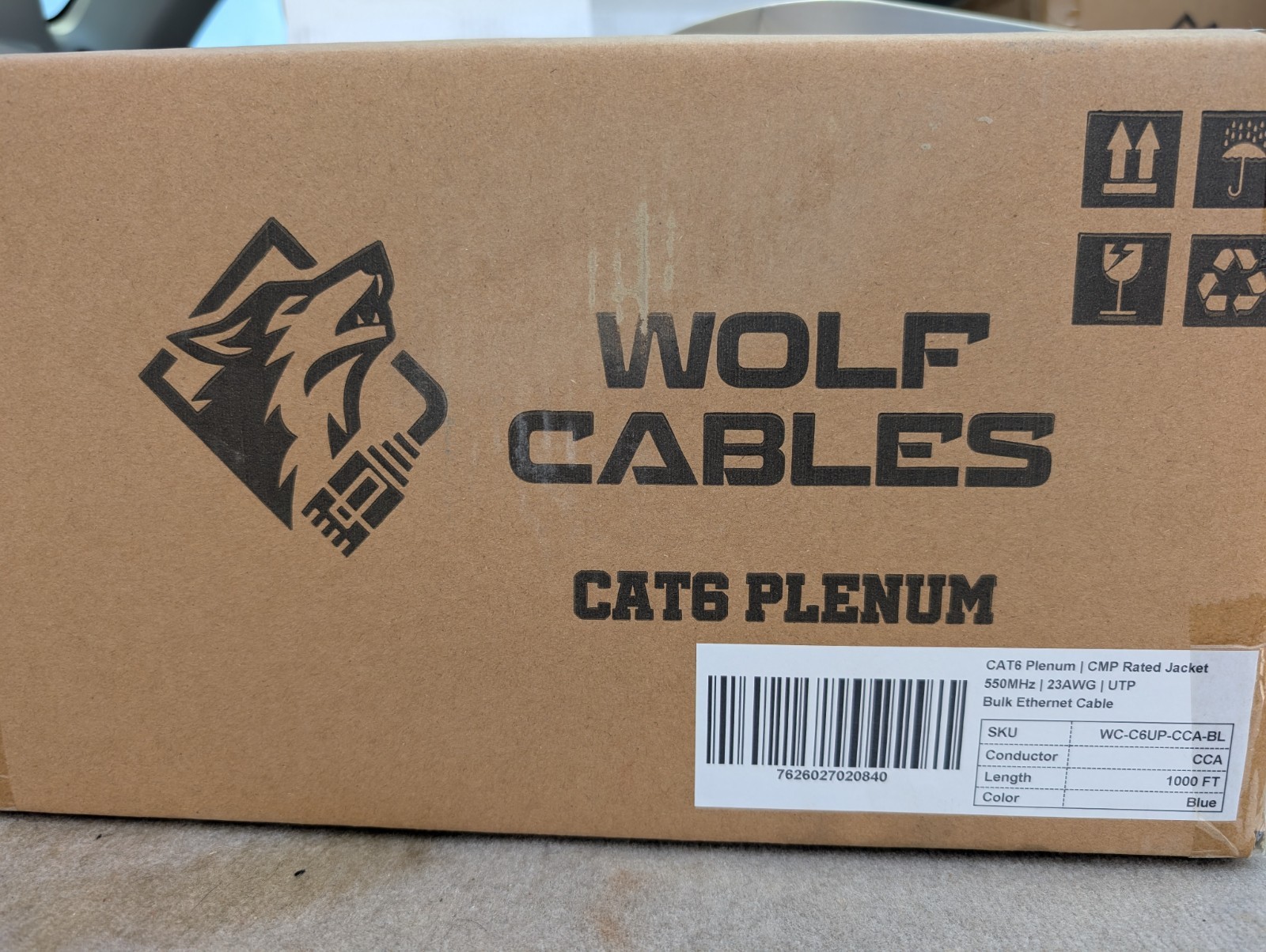 Cat6 Plenum Ethernet Cable 1000ft 23AWG 550MHz UTP Blue