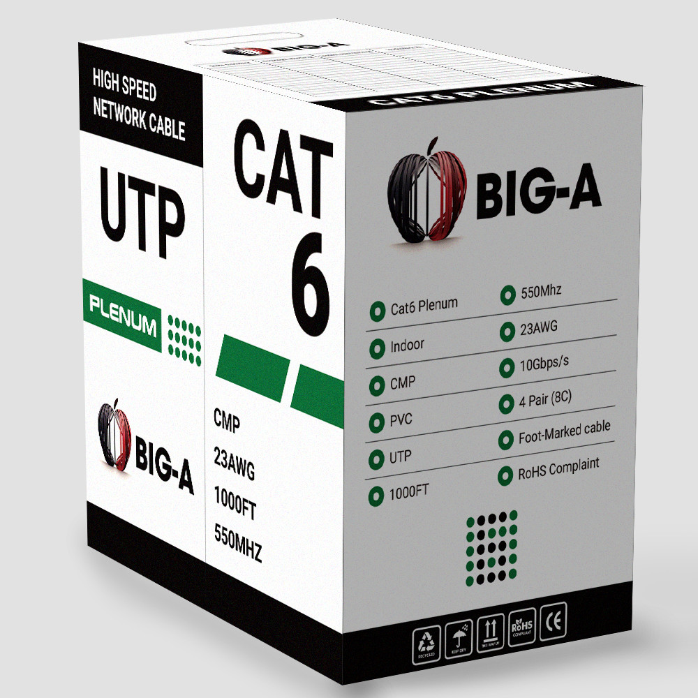 Cat6 Plenum Ethernet Cable 1000ft CMP 23AWG 550MHz Solid 10 Gigabit Network Wire
