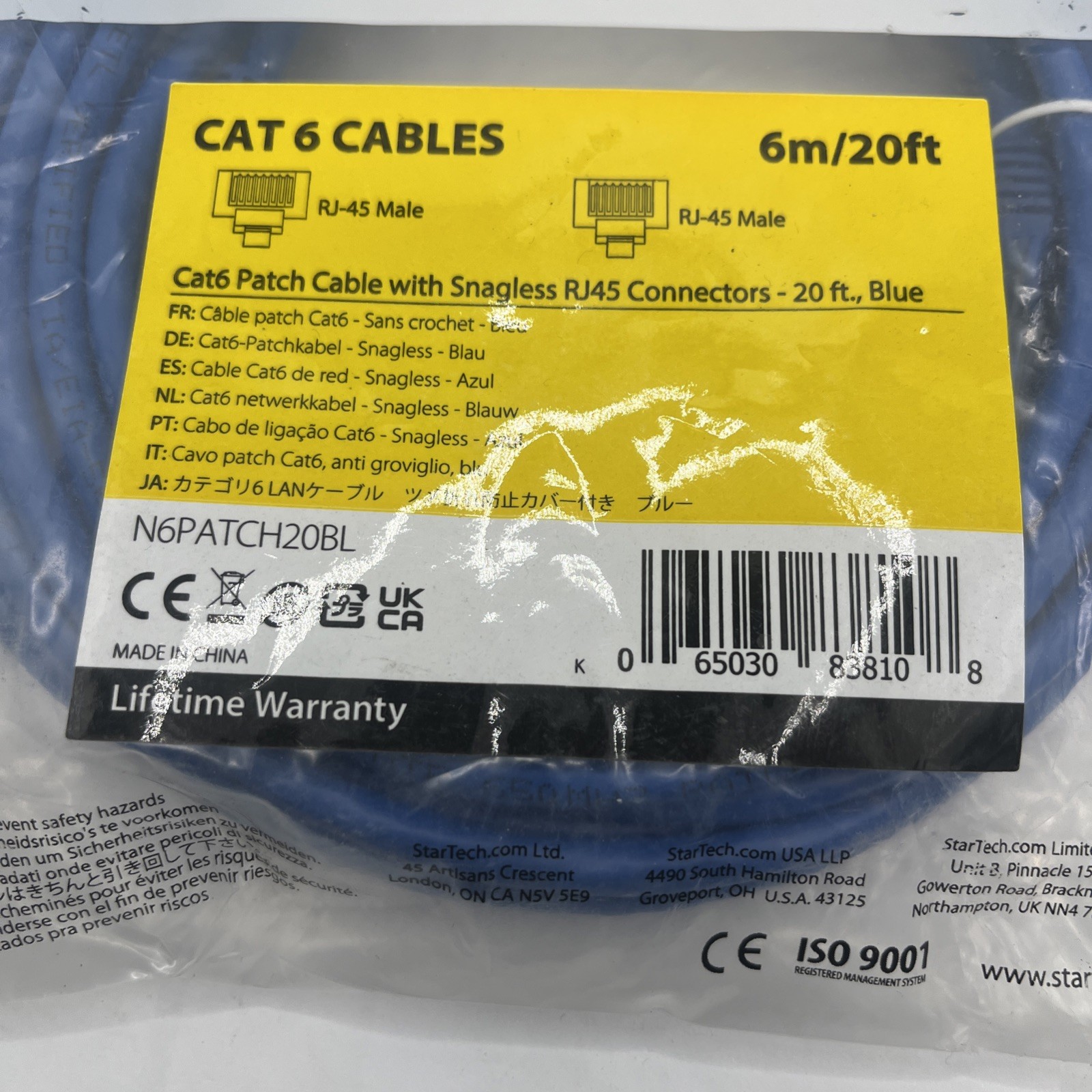 StarTech 20ft Blue Cat6 Patch Cable with Snagless RJ45 Connectors – Long
