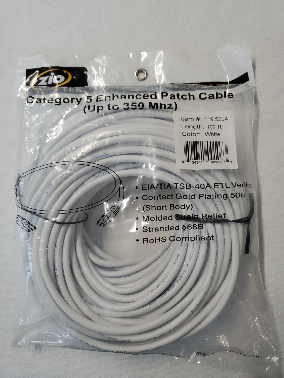 Zio Tek 1195224 Cat 5 Enhanced Patch Cable White 100 Feet Open Package New
