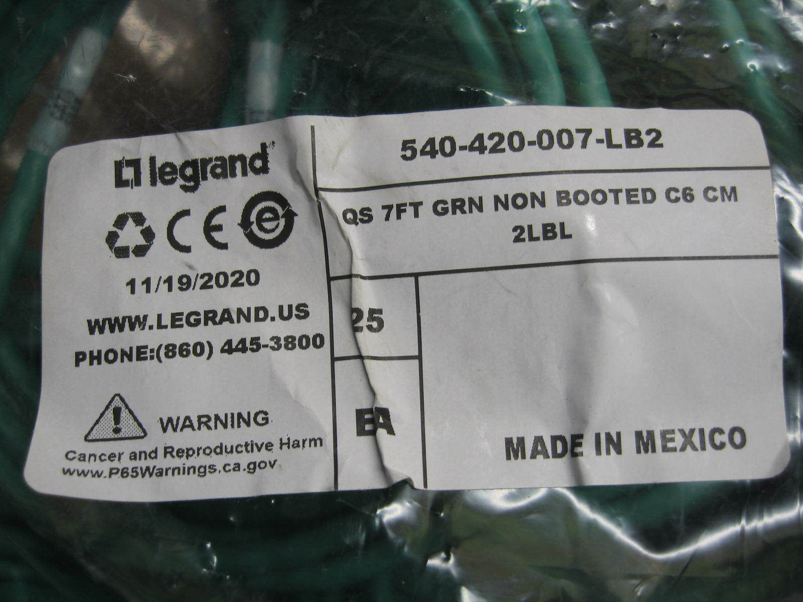 25x Legrand Cat6 7′ Green Ethernet Category 6 Patch Cable 7 Feet Cat 6 New