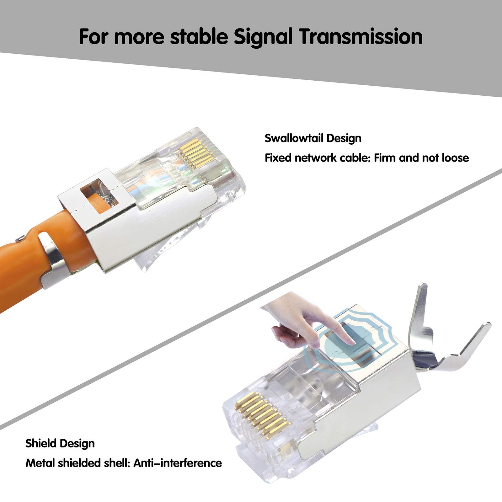 50-Pack UL-Listed Cat7 Cat6A Shielded Pass Through RJ45 Connectors 3-Prong
