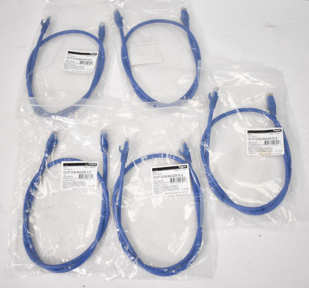 Lot of 5 LeGrand C2G 3′ Cat6A Snagless Blue Network Patch Cables Unshielded UTP
